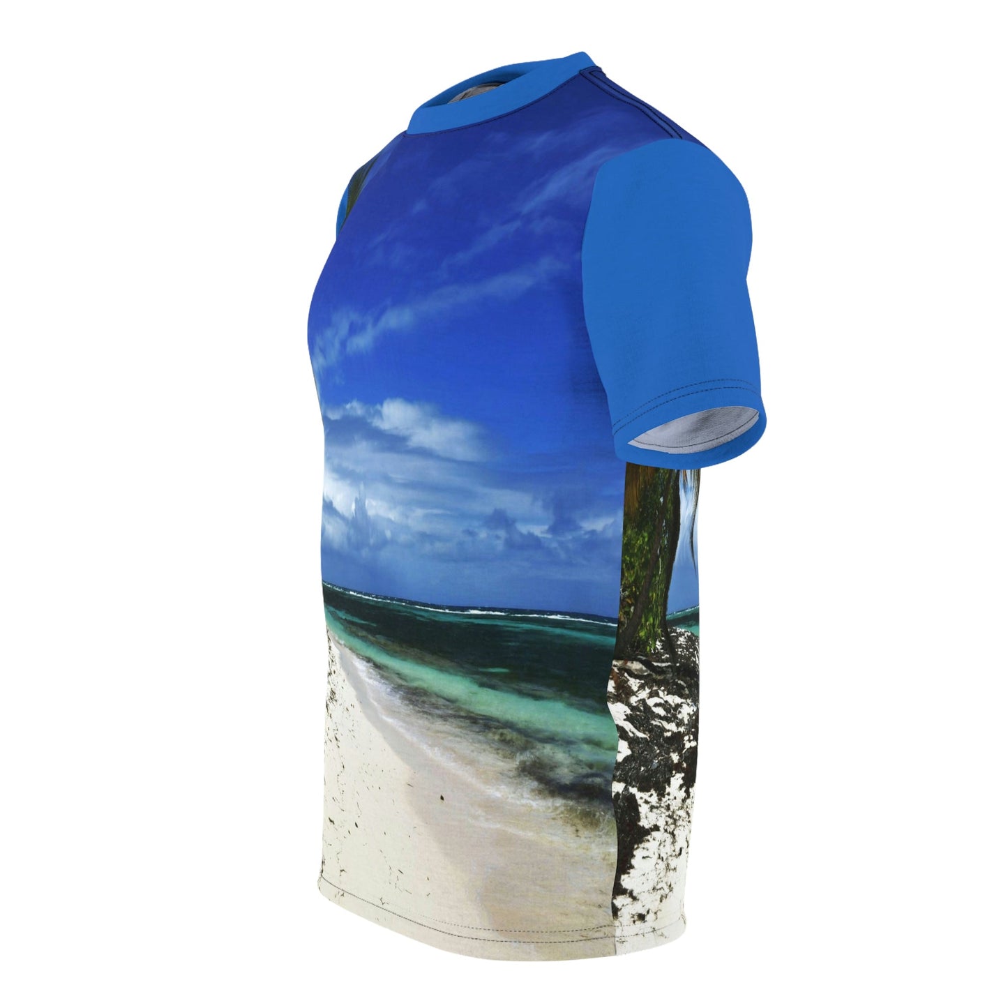 BELLO PR UNISEX AOP Cut & Sew Tee - Awesome Pajaros Beach in Mona Island - Puerto Rico - Green Forest Home