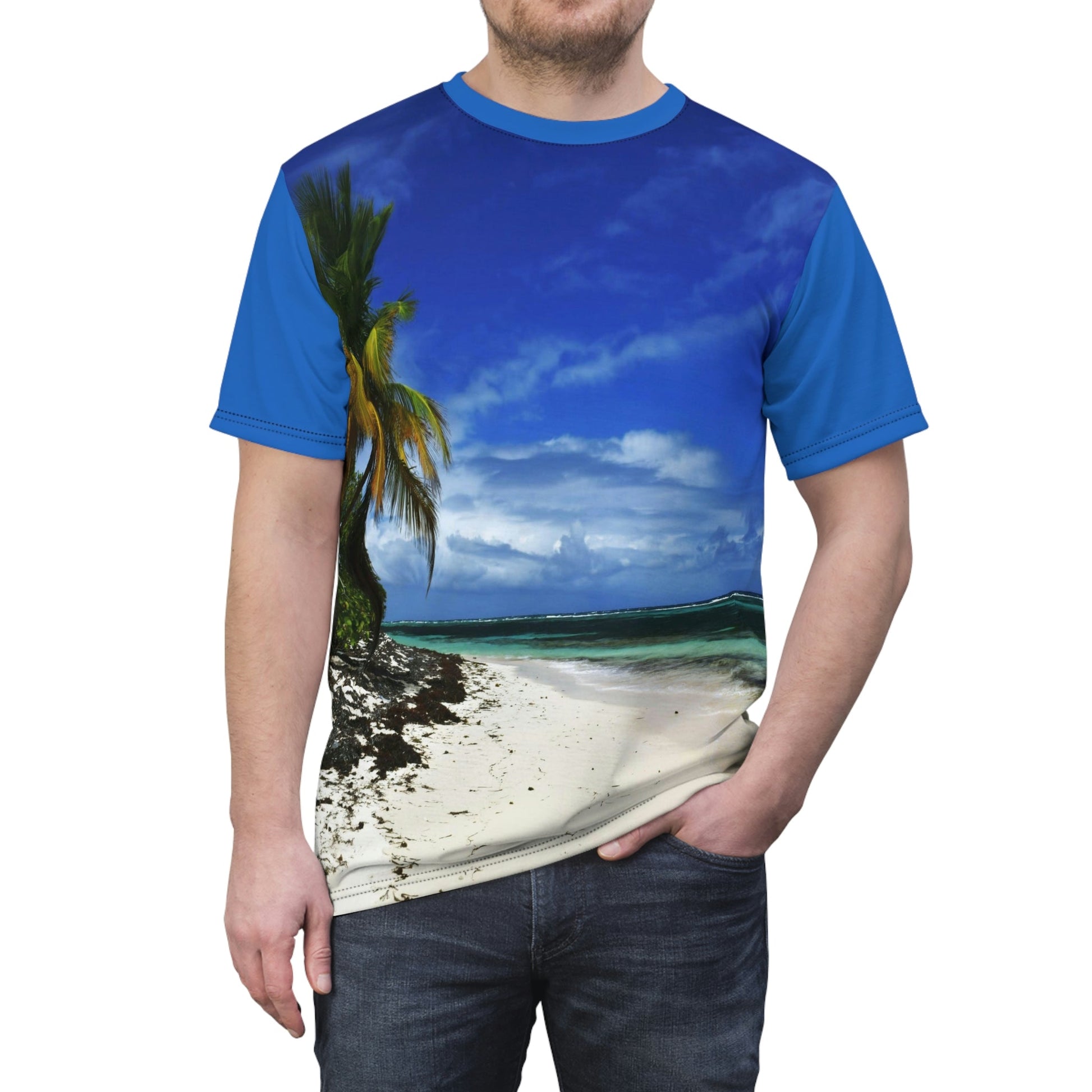 BELLO PR UNISEX AOP Cut & Sew Tee - Awesome Pajaros Beach in Mona Island - Puerto Rico - Green Forest Home