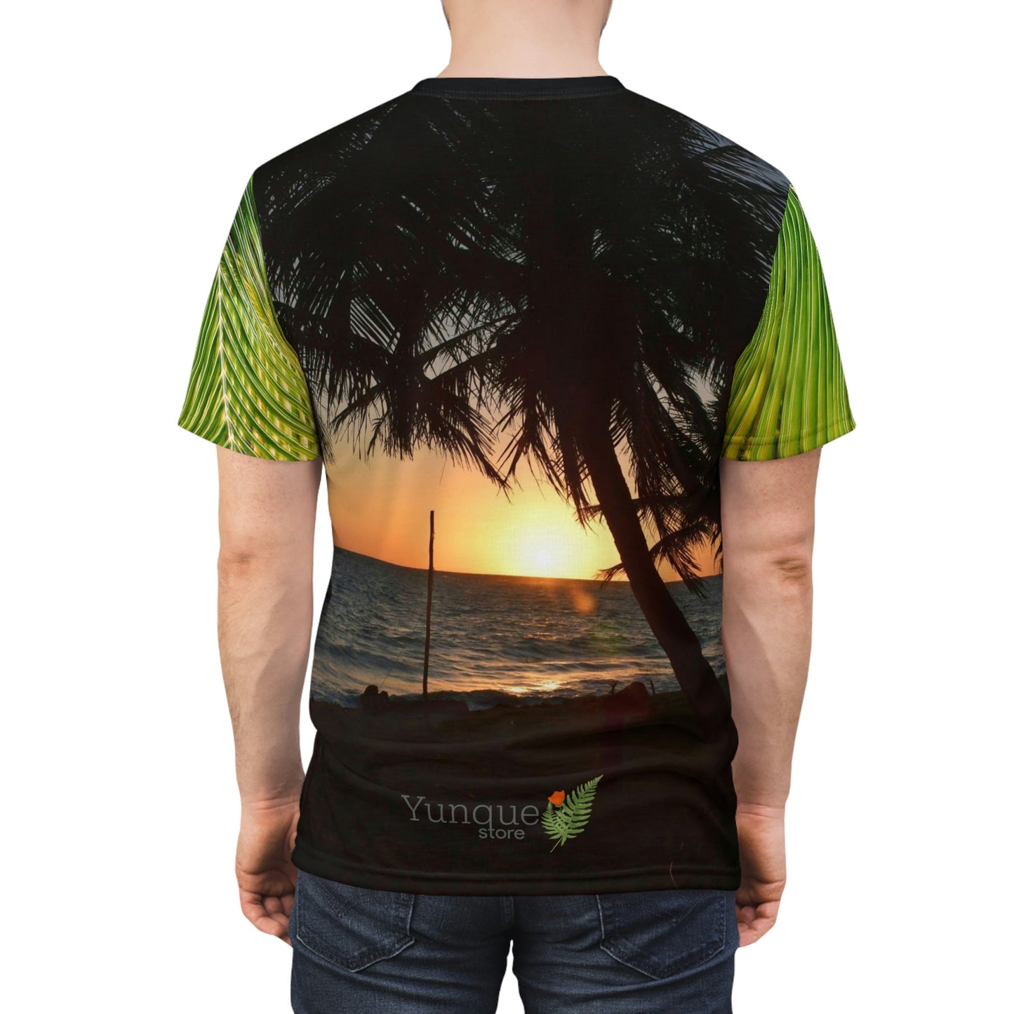 BELLO PR UNISEX AOP Cut & Sew Tee - Awesome sunset at Pajaros beach and coconut palm leafs - Mona Island - Puerto Rico - Green Forest Home