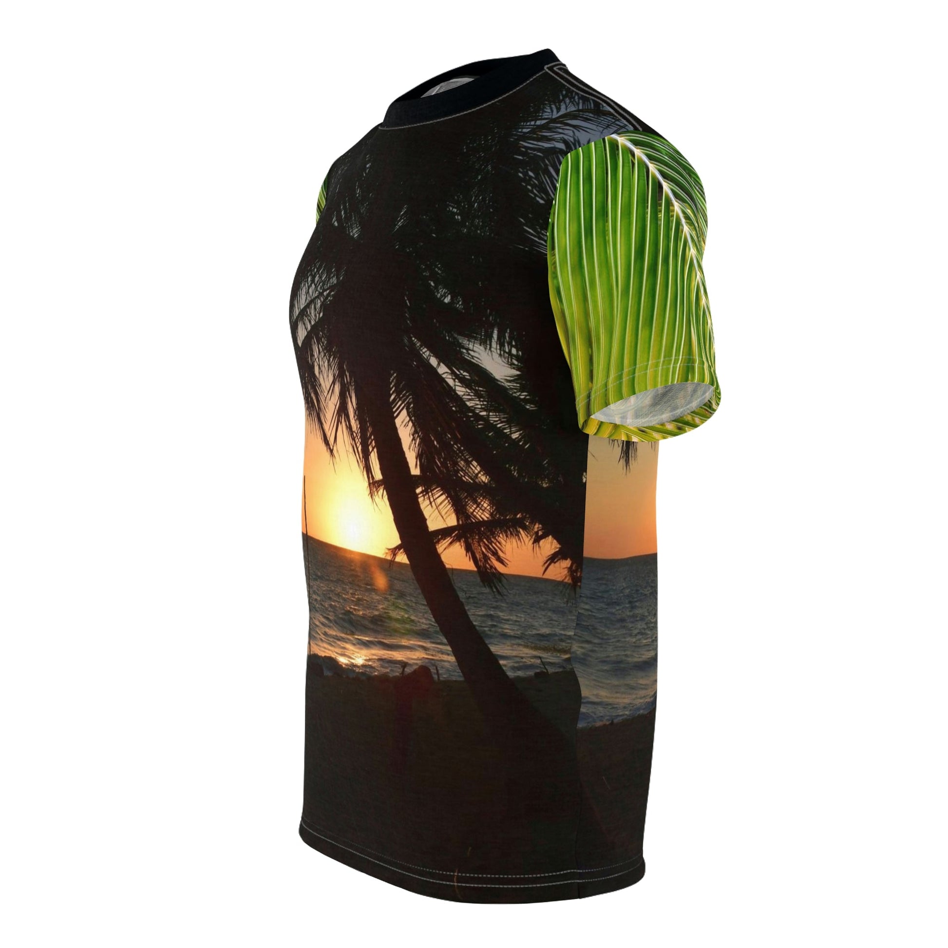 BELLO PR UNISEX AOP Cut & Sew Tee - Awesome sunset at Pajaros beach and coconut palm leafs - Mona Island - Puerto Rico - Green Forest Home