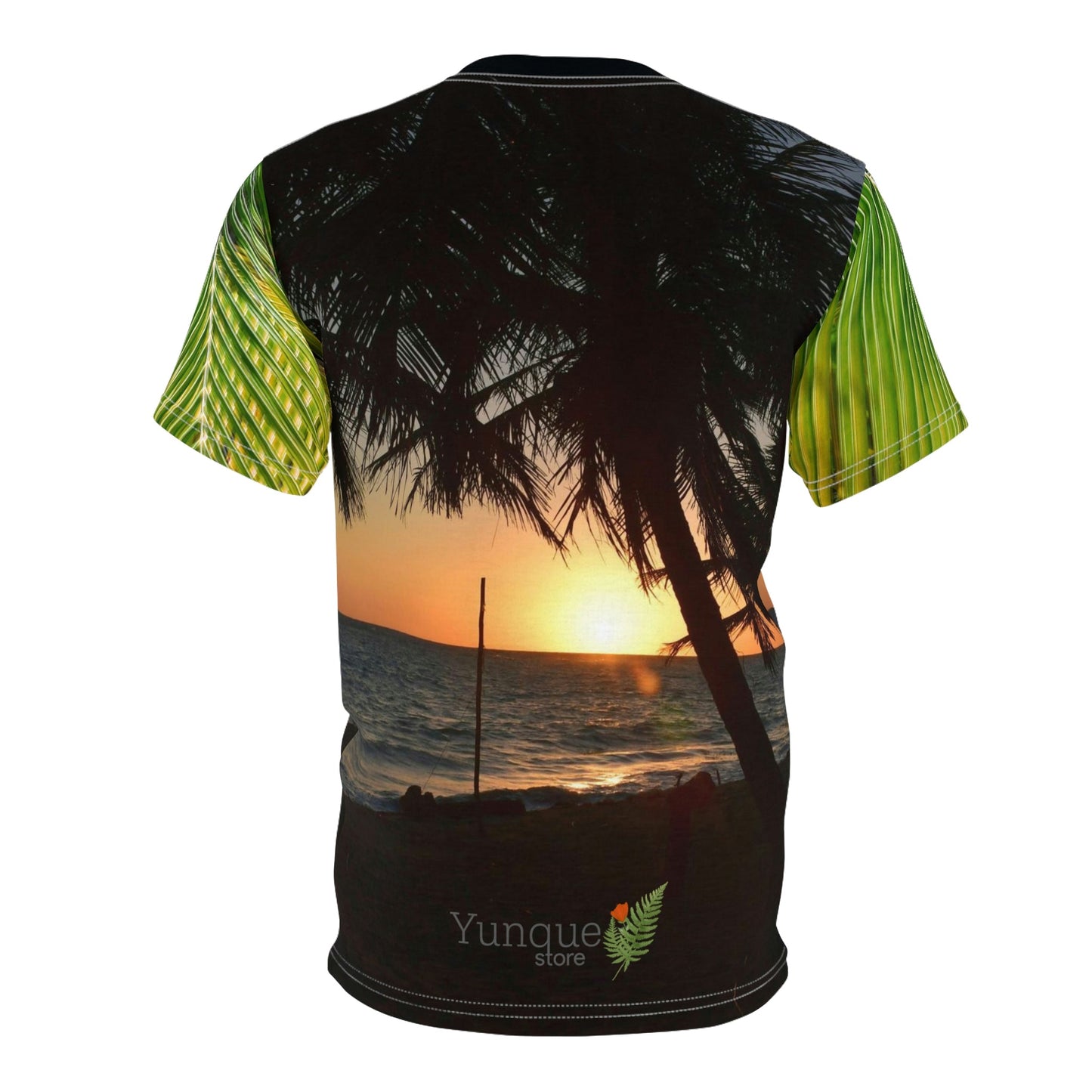 BELLO PR UNISEX AOP Cut & Sew Tee - Awesome sunset at Pajaros beach and coconut palm leafs - Mona Island - Puerto Rico - Green Forest Home