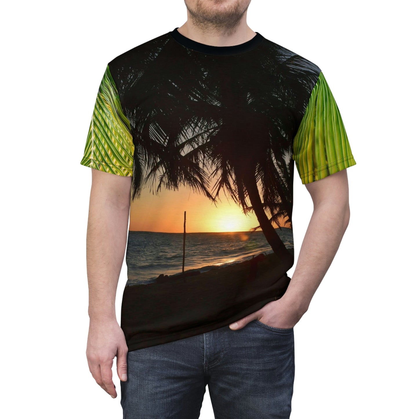 BELLO PR UNISEX AOP Cut & Sew Tee - Awesome sunset at Pajaros beach and coconut palm leafs - Mona Island - Puerto Rico - Green Forest Home