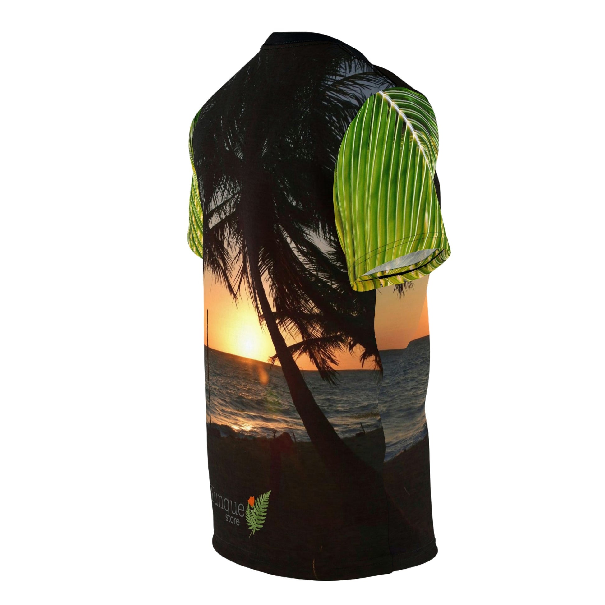 BELLO PR UNISEX AOP Cut & Sew Tee - Awesome sunset at Pajaros beach and coconut palm leafs - Mona Island - Puerto Rico - Green Forest Home