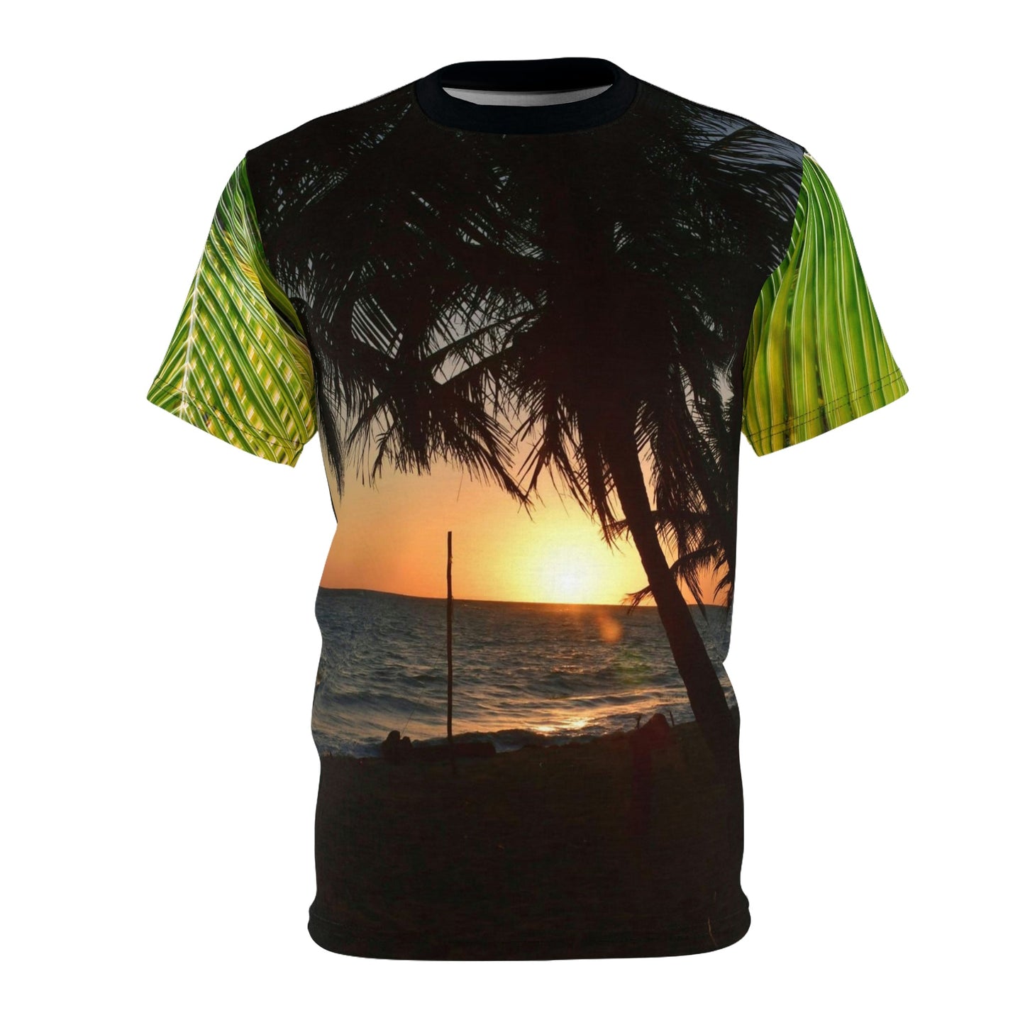 BELLO PR UNISEX AOP Cut & Sew Tee - Awesome sunset at Pajaros beach and coconut palm leafs - Mona Island - Puerto Rico - Green Forest Home