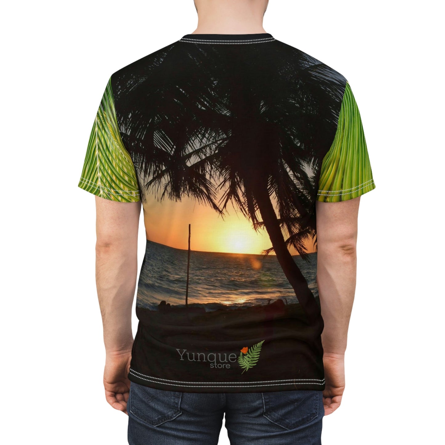 BELLO PR UNISEX AOP Cut & Sew Tee - Awesome sunset at Pajaros beach and coconut palm leafs - Mona Island - Puerto Rico - Green Forest Home