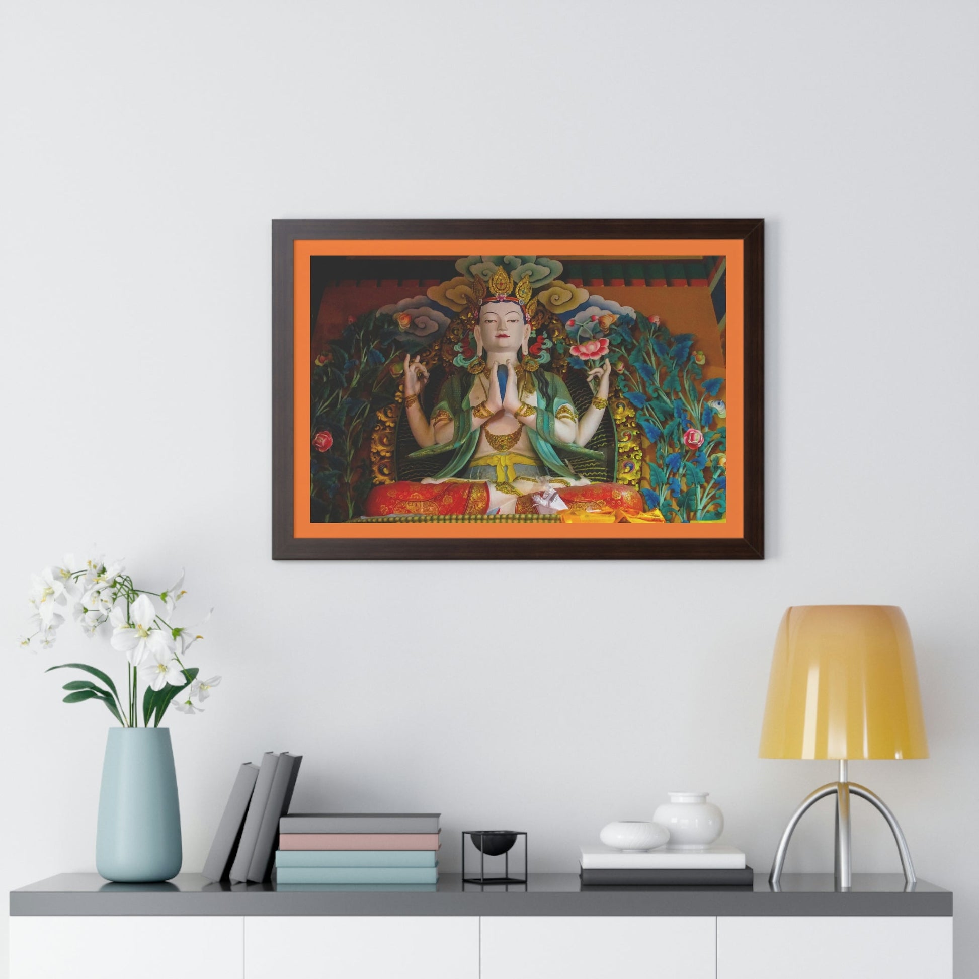 Buddhism -Framed Horizontal Poster - Buddha gold statue in a Buddhist temple in Nepal - Print in USA - Green Forest Home