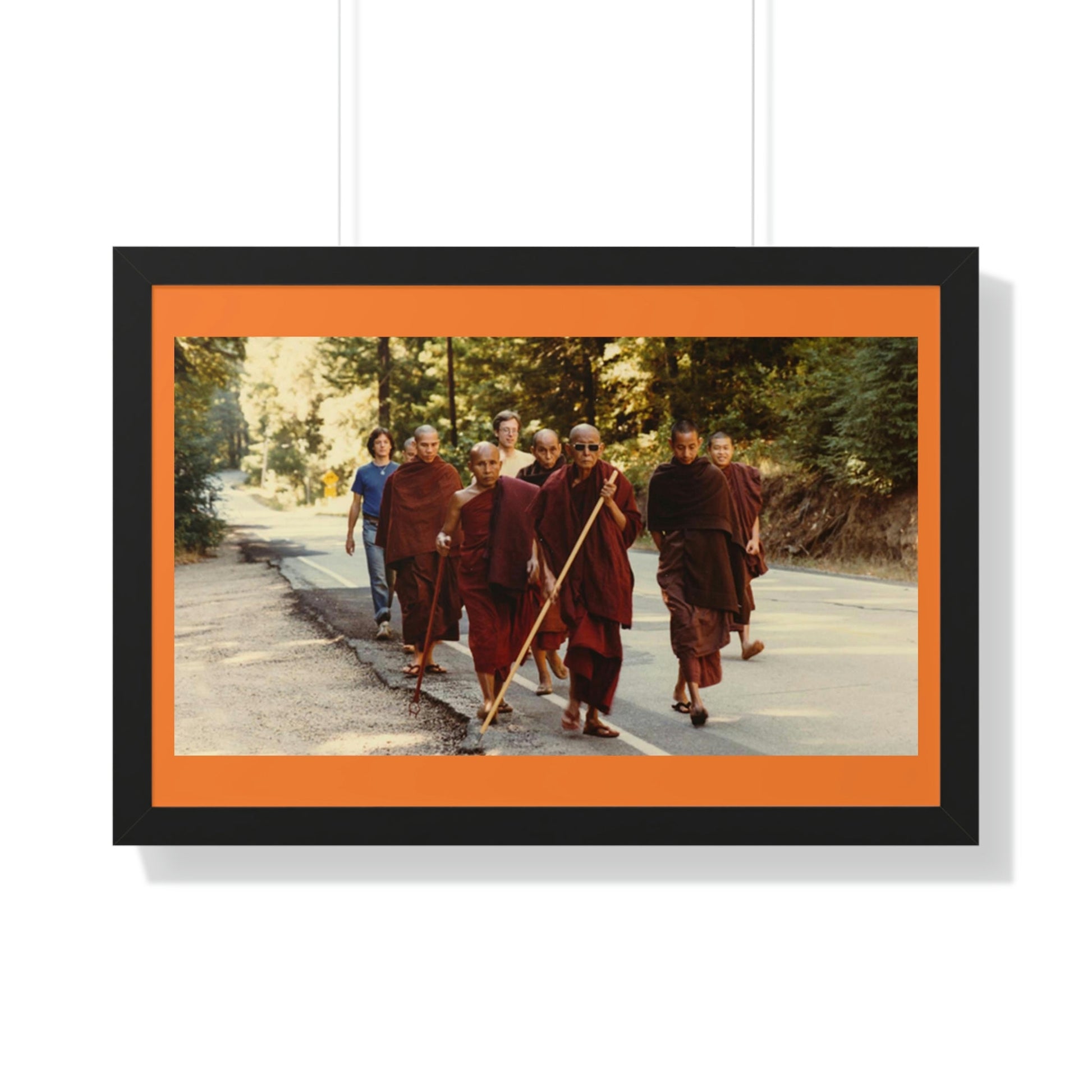 Buddhism -Framed Horizontal Poster - Buddhist Monks in TKAM CA do Walking Mediation with the Venerable Taungpulu Sayadaw - Print in USA - Green Forest Home