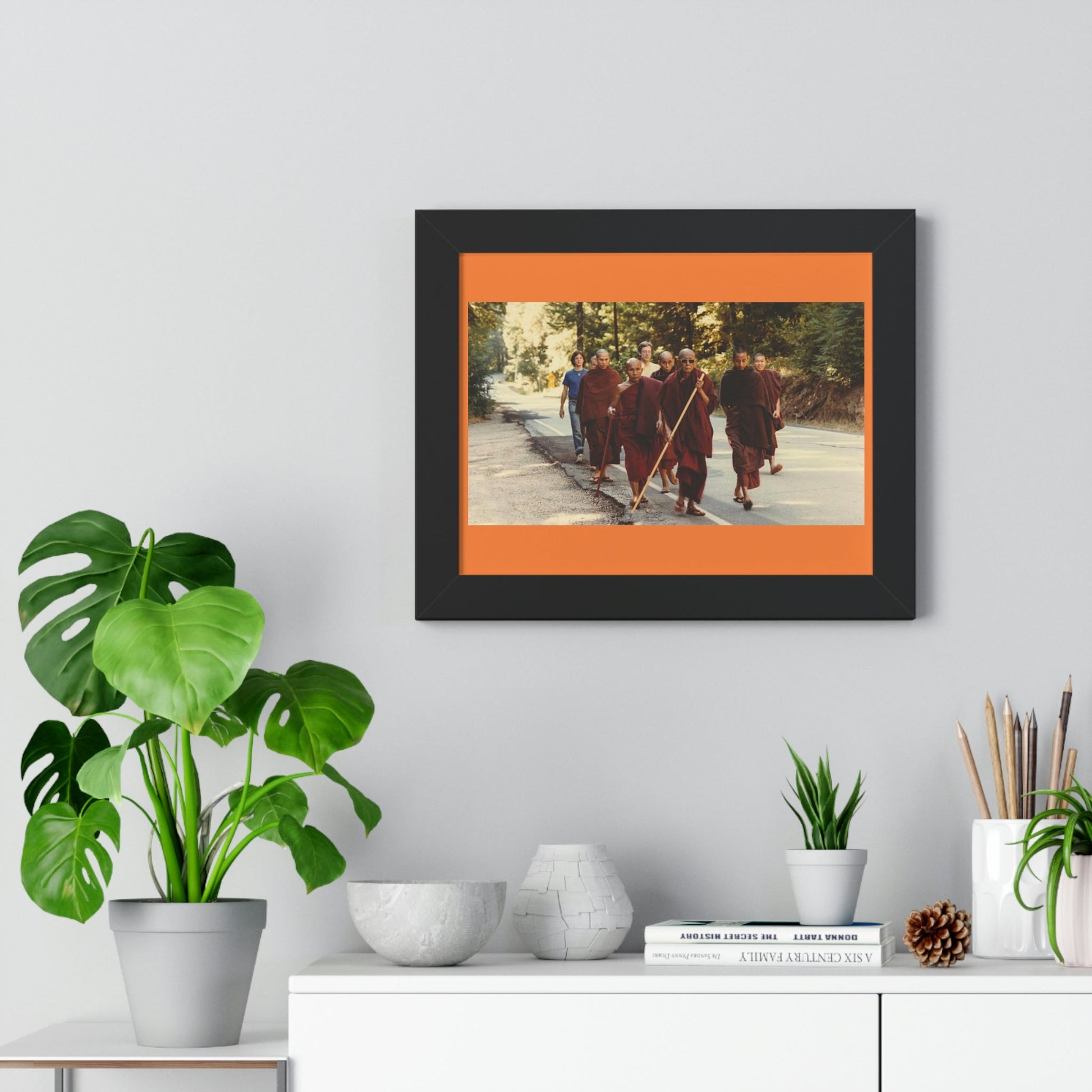 Buddhism -Framed Horizontal Poster - Buddhist Monks in TKAM CA do Walking Mediation with the Venerable Taungpulu Sayadaw - Print in USA - Green Forest Home