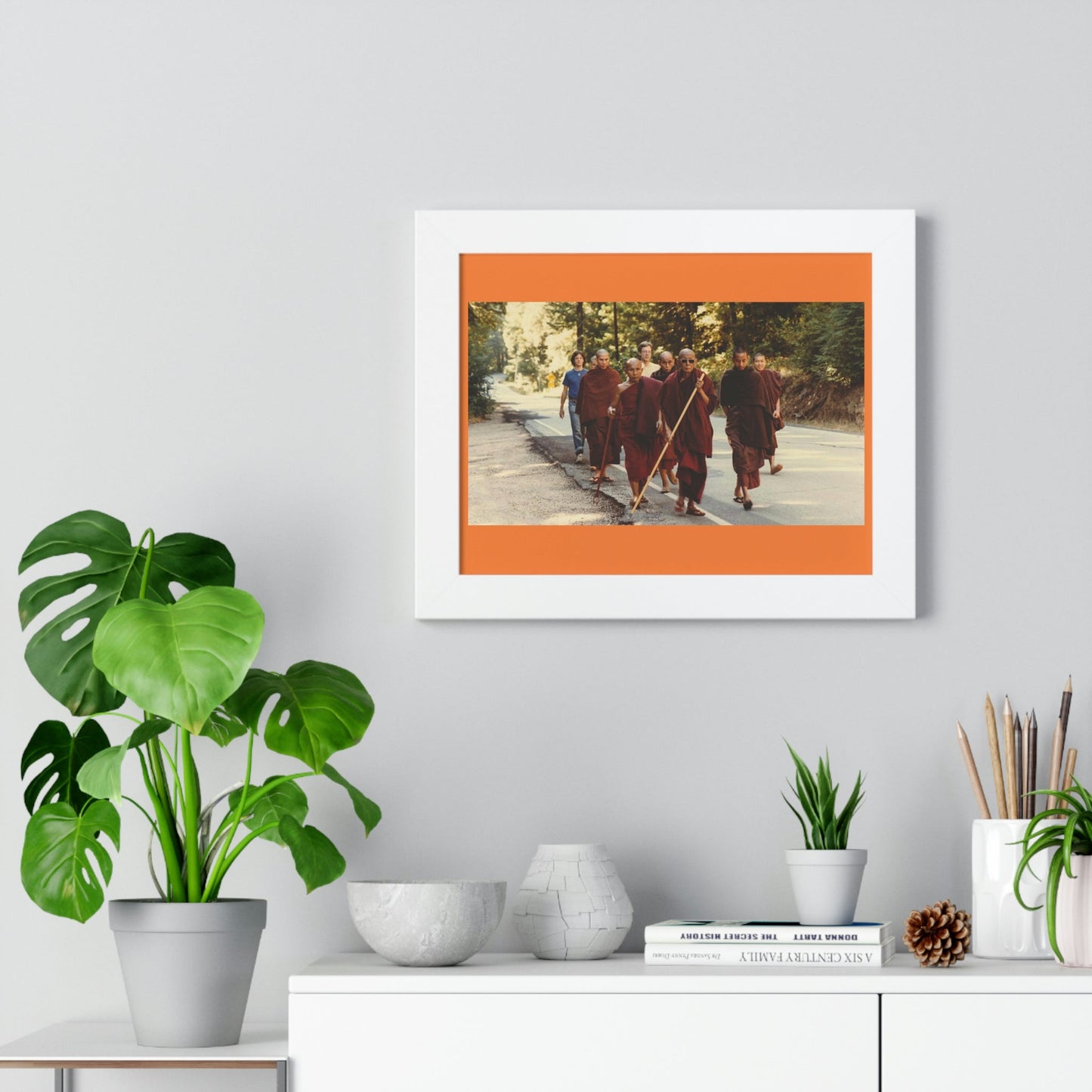 Buddhism -Framed Horizontal Poster - Buddhist Monks in TKAM CA do Walking Mediation with the Venerable Taungpulu Sayadaw - Print in USA - Green Forest Home