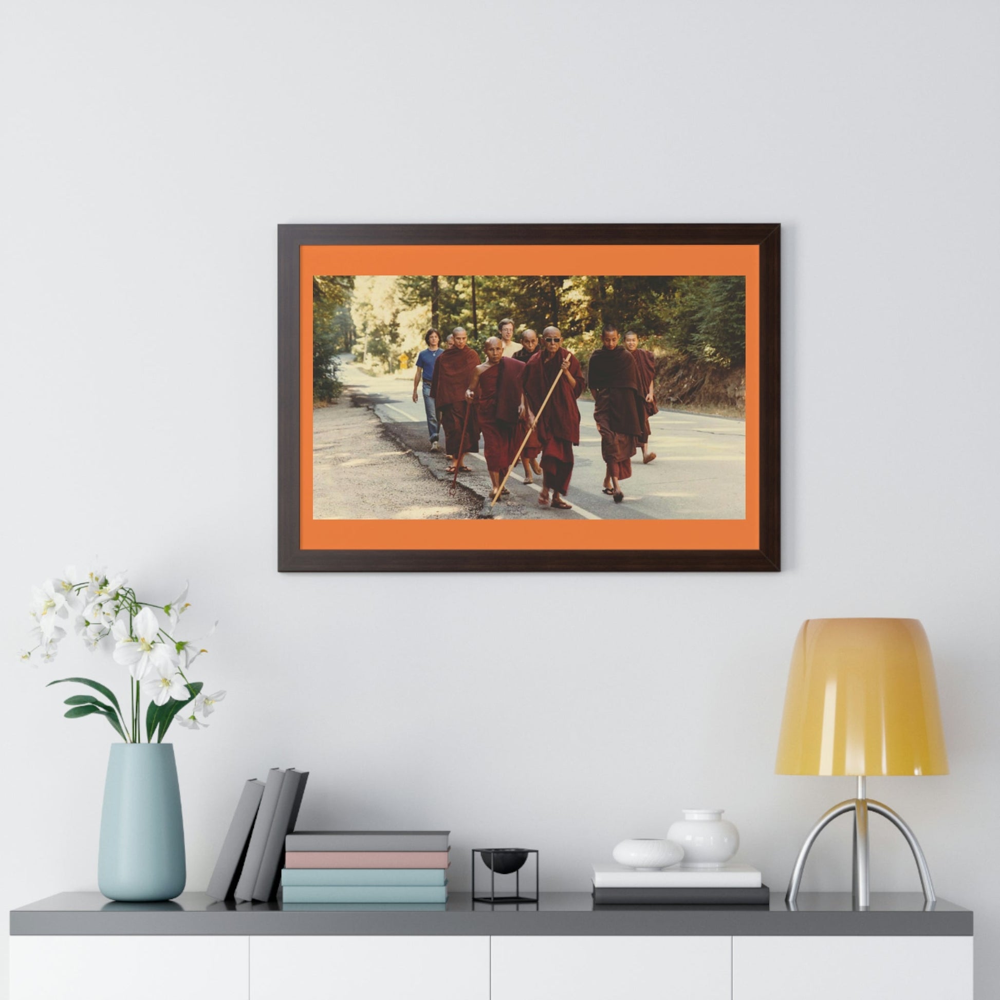 Buddhism -Framed Horizontal Poster - Buddhist Monks in TKAM CA do Walking Mediation with the Venerable Taungpulu Sayadaw - Print in USA - Green Forest Home