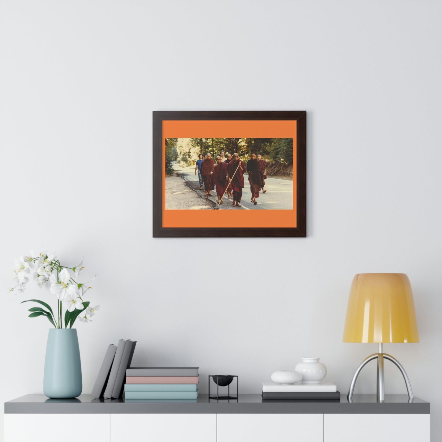 Buddhism -Framed Horizontal Poster - Buddhist Monks in TKAM CA do Walking Mediation with the Venerable Taungpulu Sayadaw - Print in USA - Green Forest Home