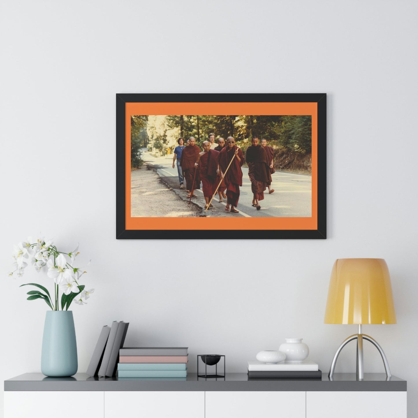 Buddhism -Framed Horizontal Poster - Buddhist Monks in TKAM CA do Walking Mediation with the Venerable Taungpulu Sayadaw - Print in USA - Green Forest Home