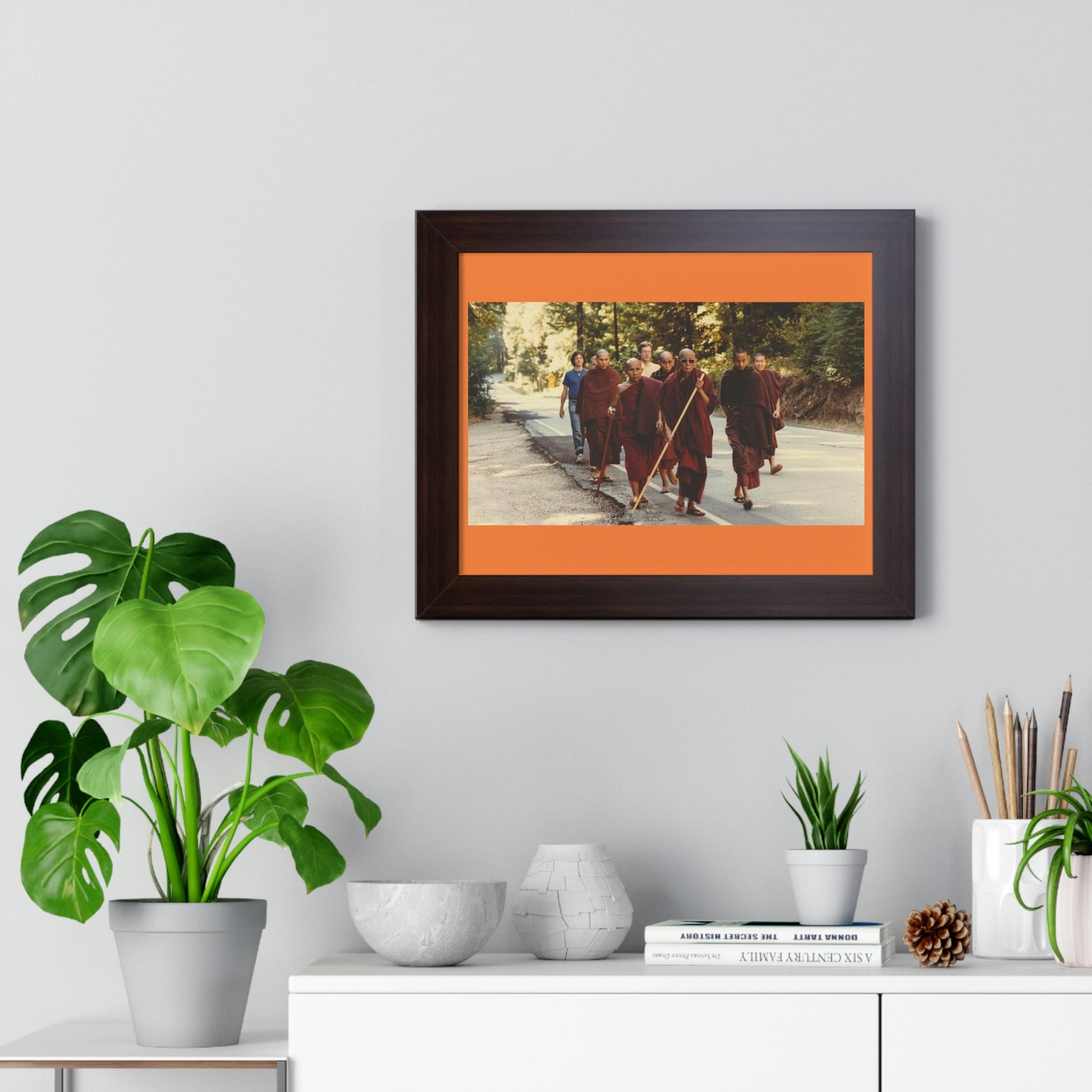 Buddhism -Framed Horizontal Poster - Buddhist Monks in TKAM CA do Walking Mediation with the Venerable Taungpulu Sayadaw - Print in USA - Green Forest Home