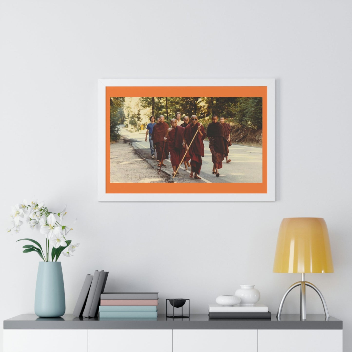 Buddhism -Framed Horizontal Poster - Buddhist Monks in TKAM CA do Walking Mediation with the Venerable Taungpulu Sayadaw - Print in USA - Green Forest Home