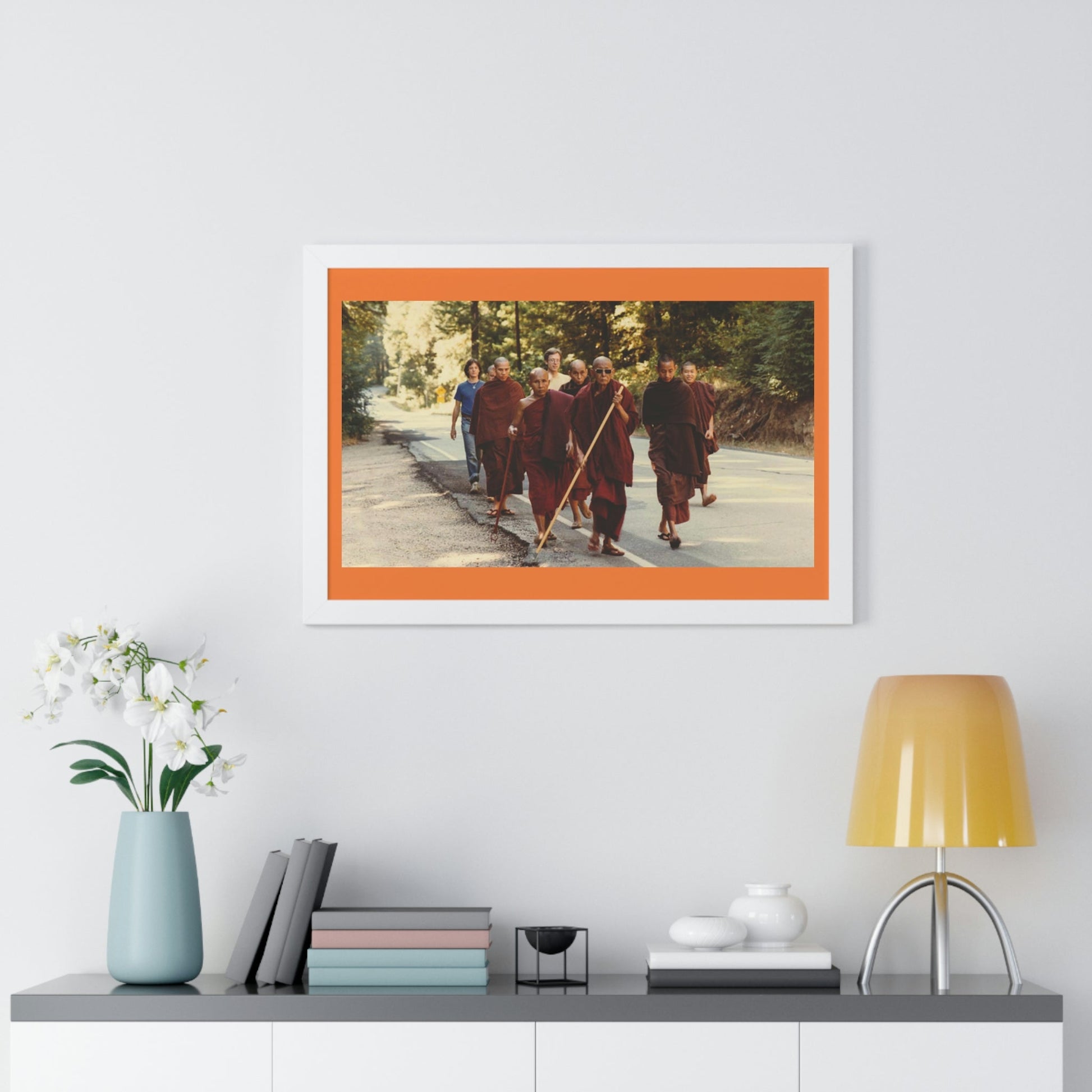 Buddhism -Framed Horizontal Poster - Buddhist Monks in TKAM CA do Walking Mediation with the Venerable Taungpulu Sayadaw - Print in USA - Green Forest Home