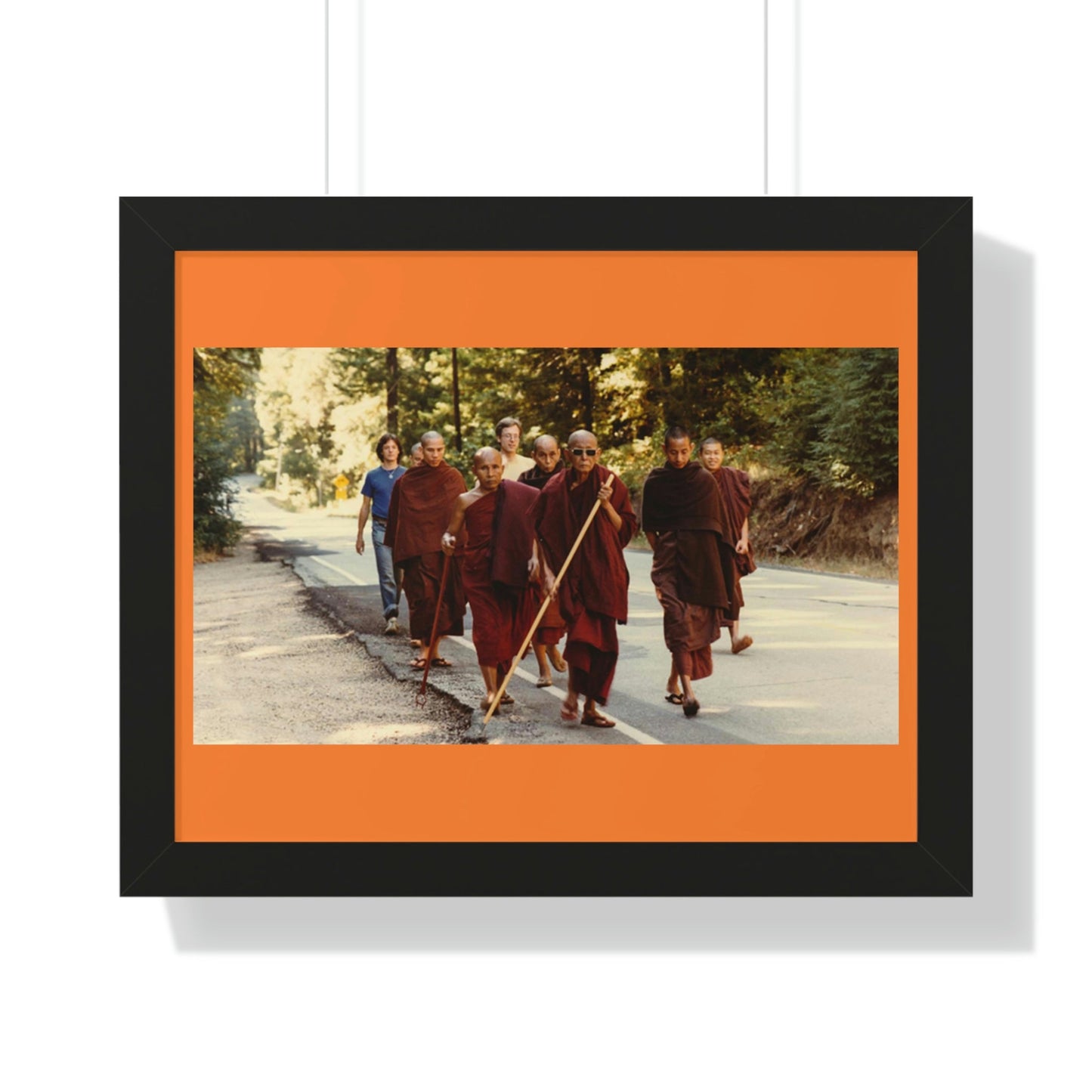 Buddhism -Framed Horizontal Poster - Buddhist Monks in TKAM CA do Walking Mediation with the Venerable Taungpulu Sayadaw - Print in USA - Green Forest Home