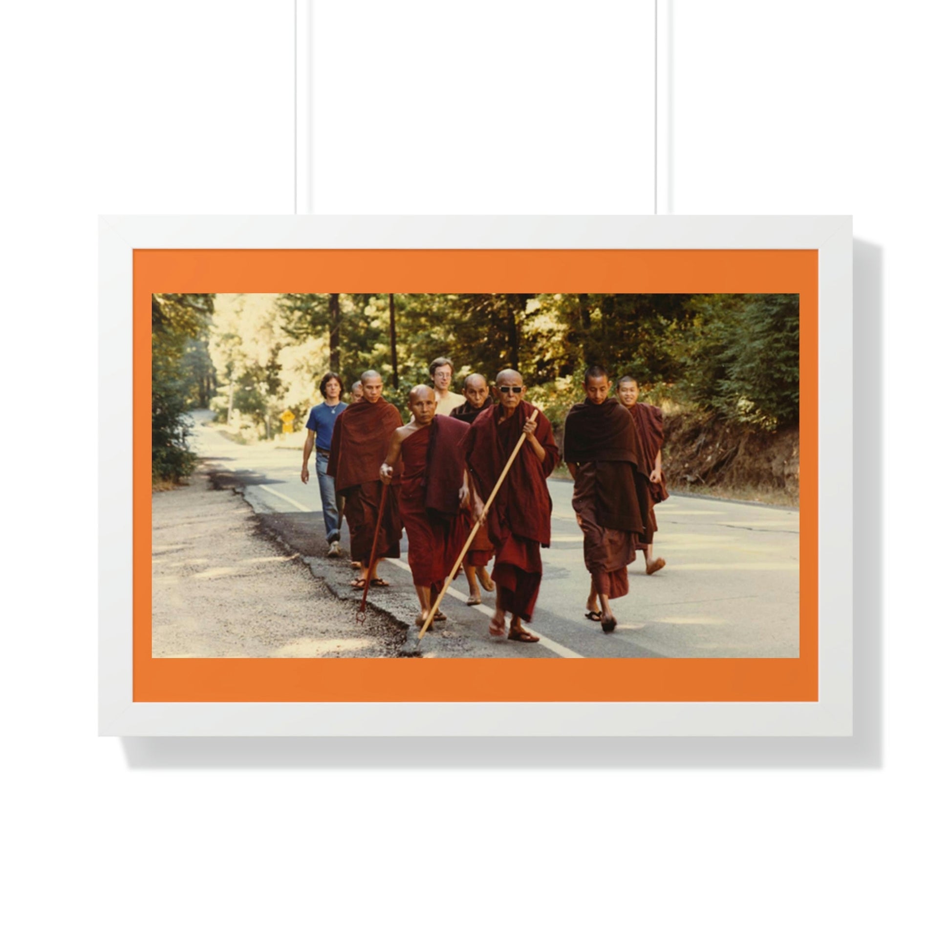 Buddhism -Framed Horizontal Poster - Buddhist Monks in TKAM CA do Walking Mediation with the Venerable Taungpulu Sayadaw - Print in USA - Green Forest Home