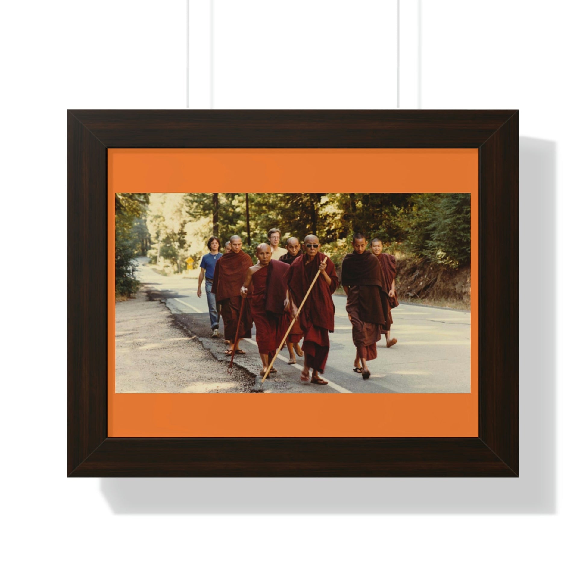 Buddhism -Framed Horizontal Poster - Buddhist Monks in TKAM CA do Walking Mediation with the Venerable Taungpulu Sayadaw - Print in USA - Green Forest Home