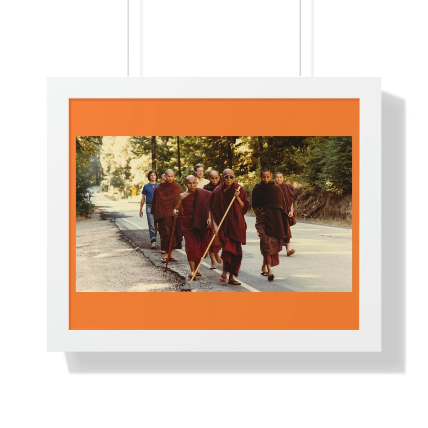 Buddhism -Framed Horizontal Poster - Buddhist Monks in TKAM CA do Walking Mediation with the Venerable Taungpulu Sayadaw - Print in USA - Green Forest Home