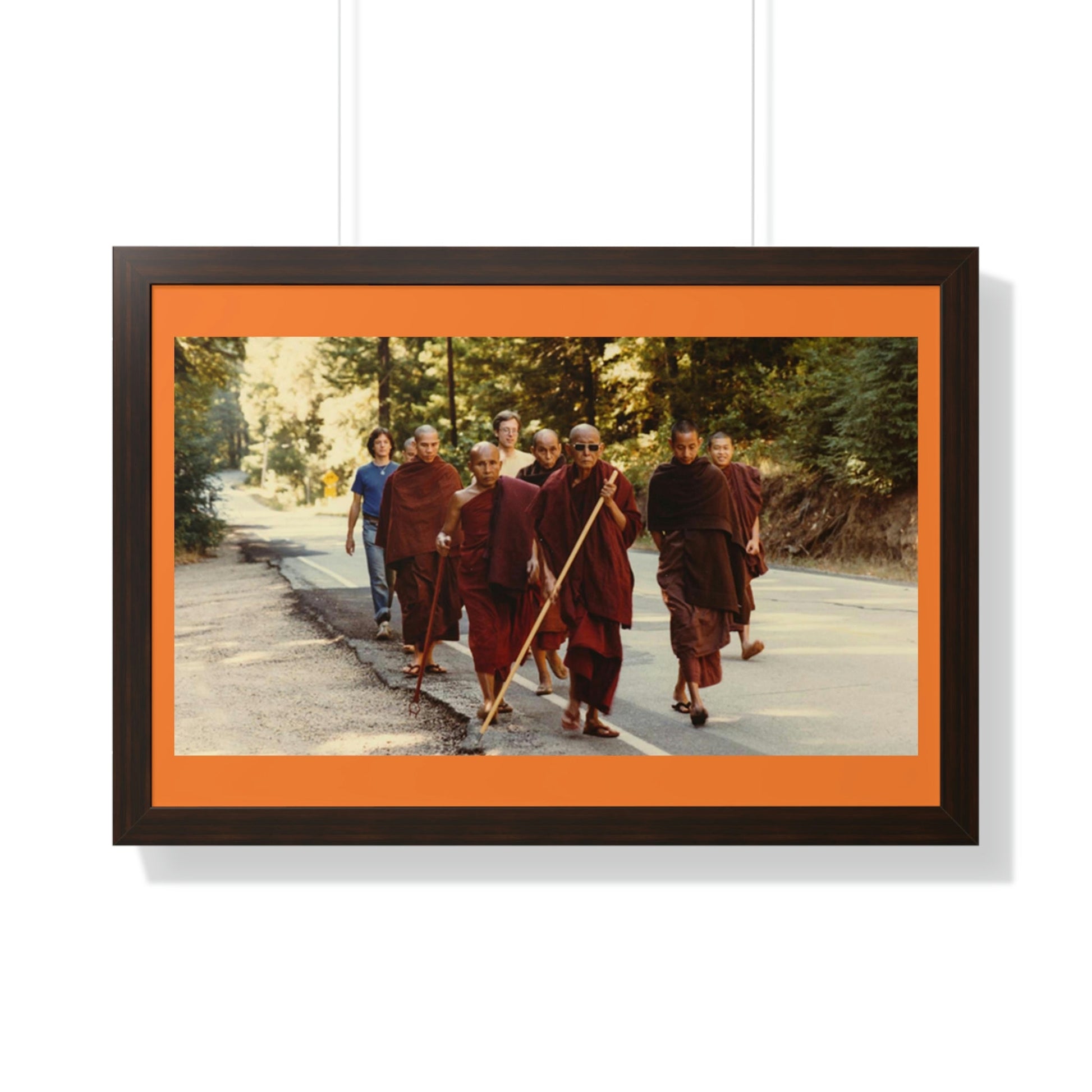 Buddhism -Framed Horizontal Poster - Buddhist Monks in TKAM CA do Walking Mediation with the Venerable Taungpulu Sayadaw - Print in USA - Green Forest Home