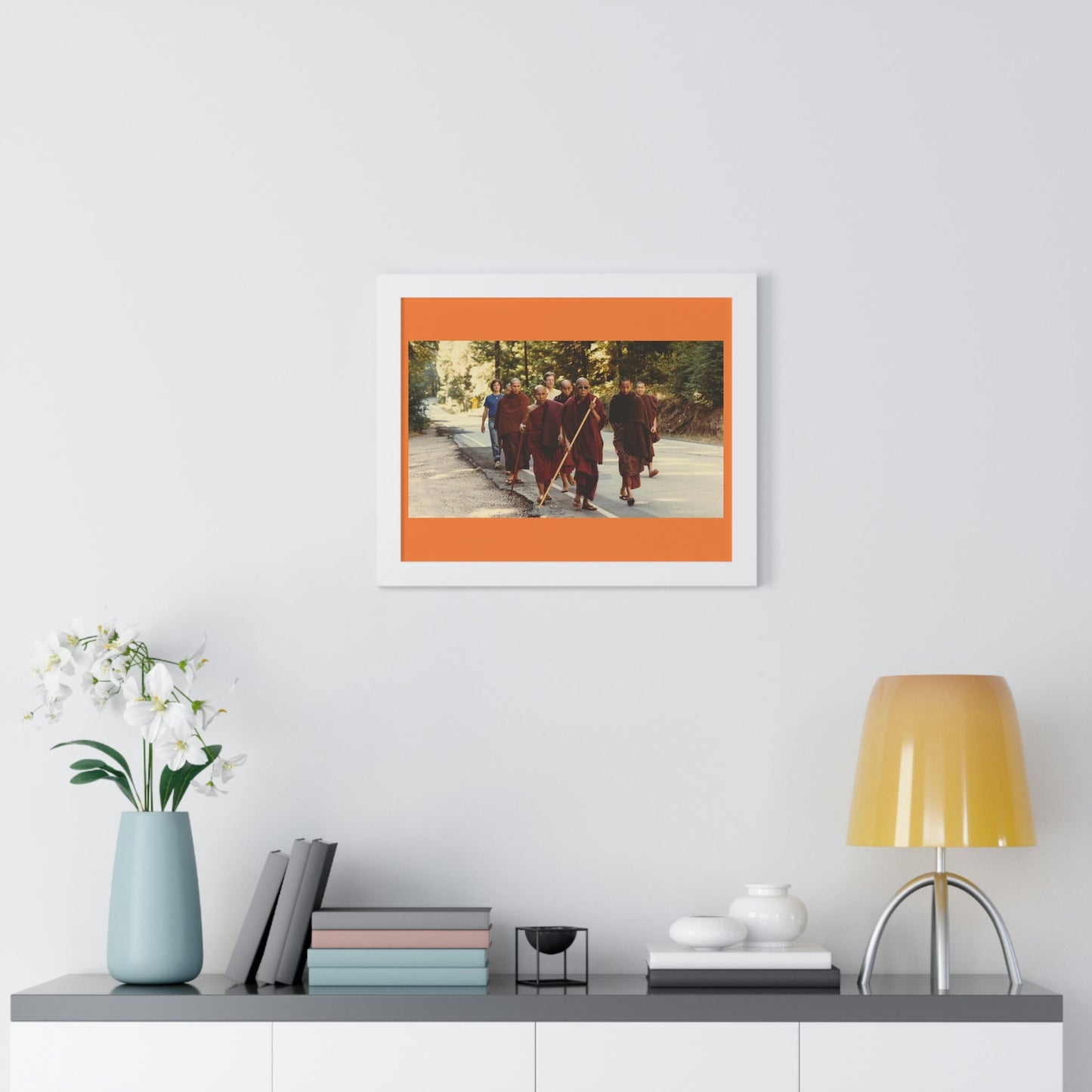 Buddhism -Framed Horizontal Poster - Buddhist Monks in TKAM CA do Walking Mediation with the Venerable Taungpulu Sayadaw - Print in USA - Green Forest Home