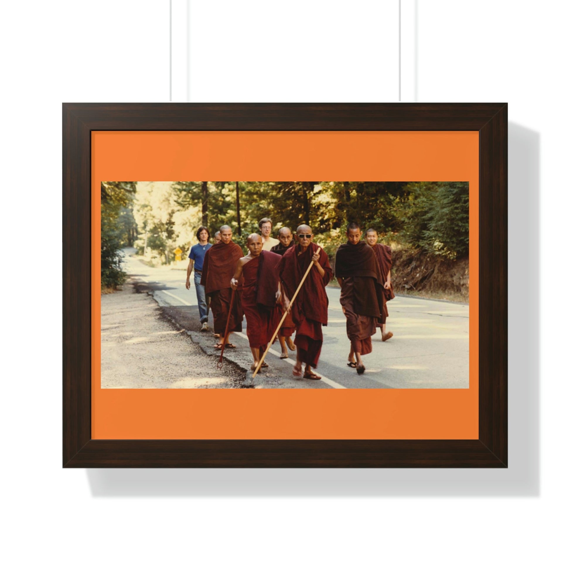 Buddhism -Framed Horizontal Poster - Buddhist Monks in TKAM CA do Walking Mediation with the Venerable Taungpulu Sayadaw - Print in USA - Green Forest Home