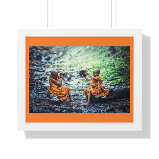 Buddhism -Framed Horizontal Poster - Children Buddhist monks Clean their Food Vessel - Thailand - Print in USA - Green Forest Home