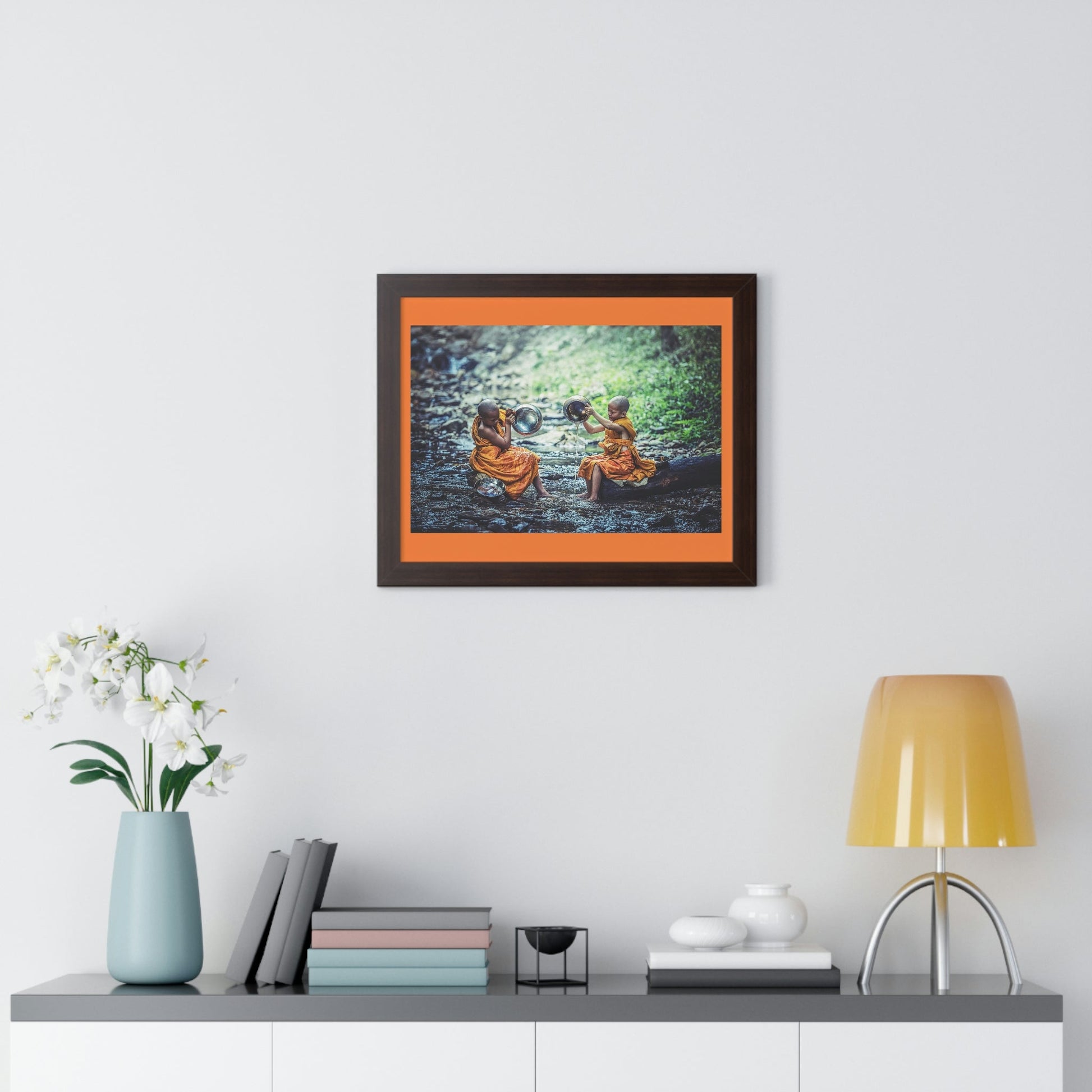 Buddhism -Framed Horizontal Poster - Children Buddhist monks Clean their Food Vessel - Thailand - Print in USA - Green Forest Home