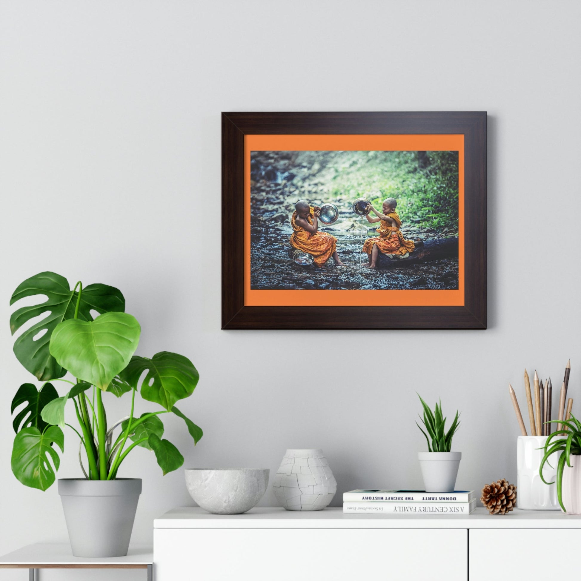 Buddhism -Framed Horizontal Poster - Children Buddhist monks Clean their Food Vessel - Thailand - Print in USA - Green Forest Home