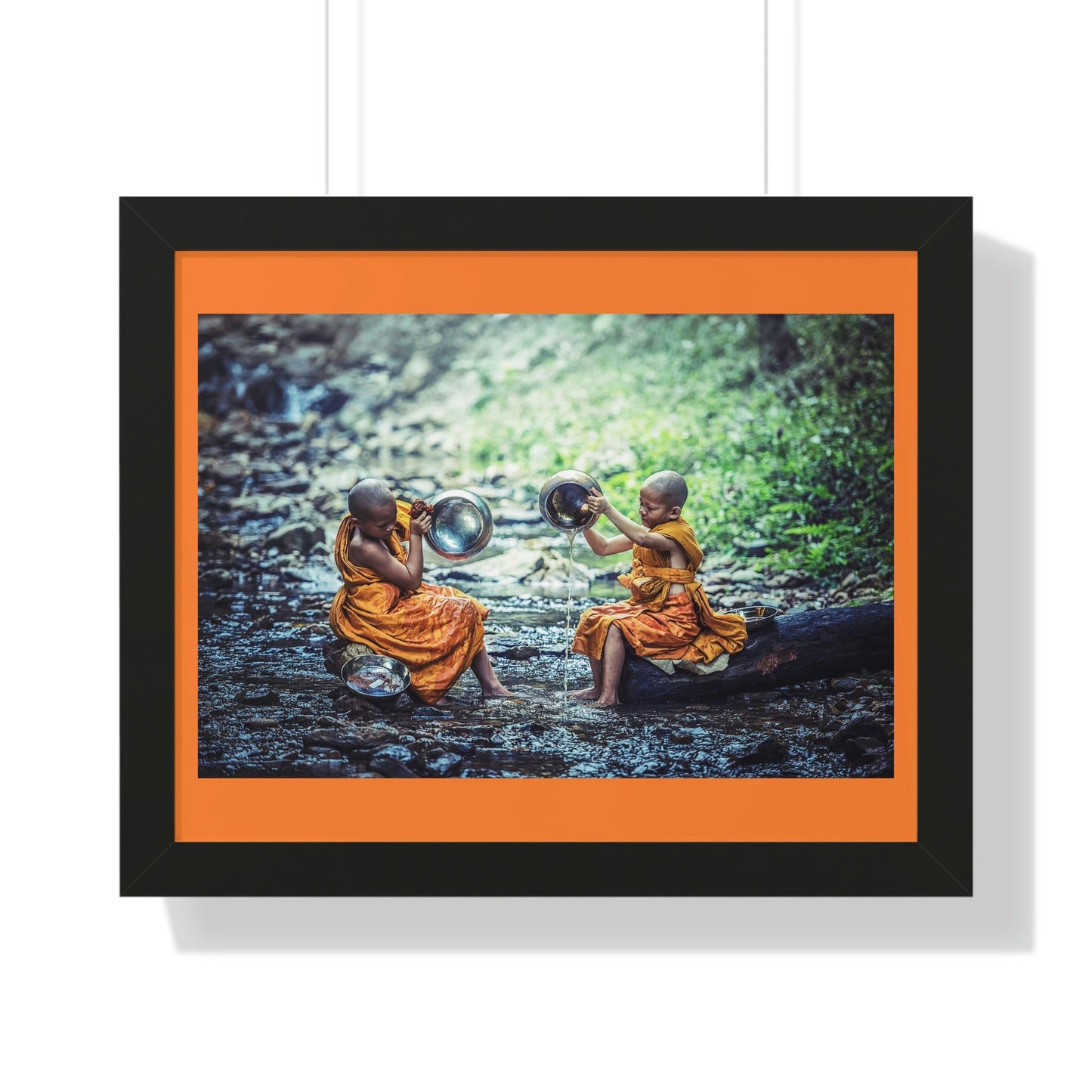 Buddhism -Framed Horizontal Poster - Children Buddhist monks Clean their Food Vessel - Thailand - Print in USA - Green Forest Home