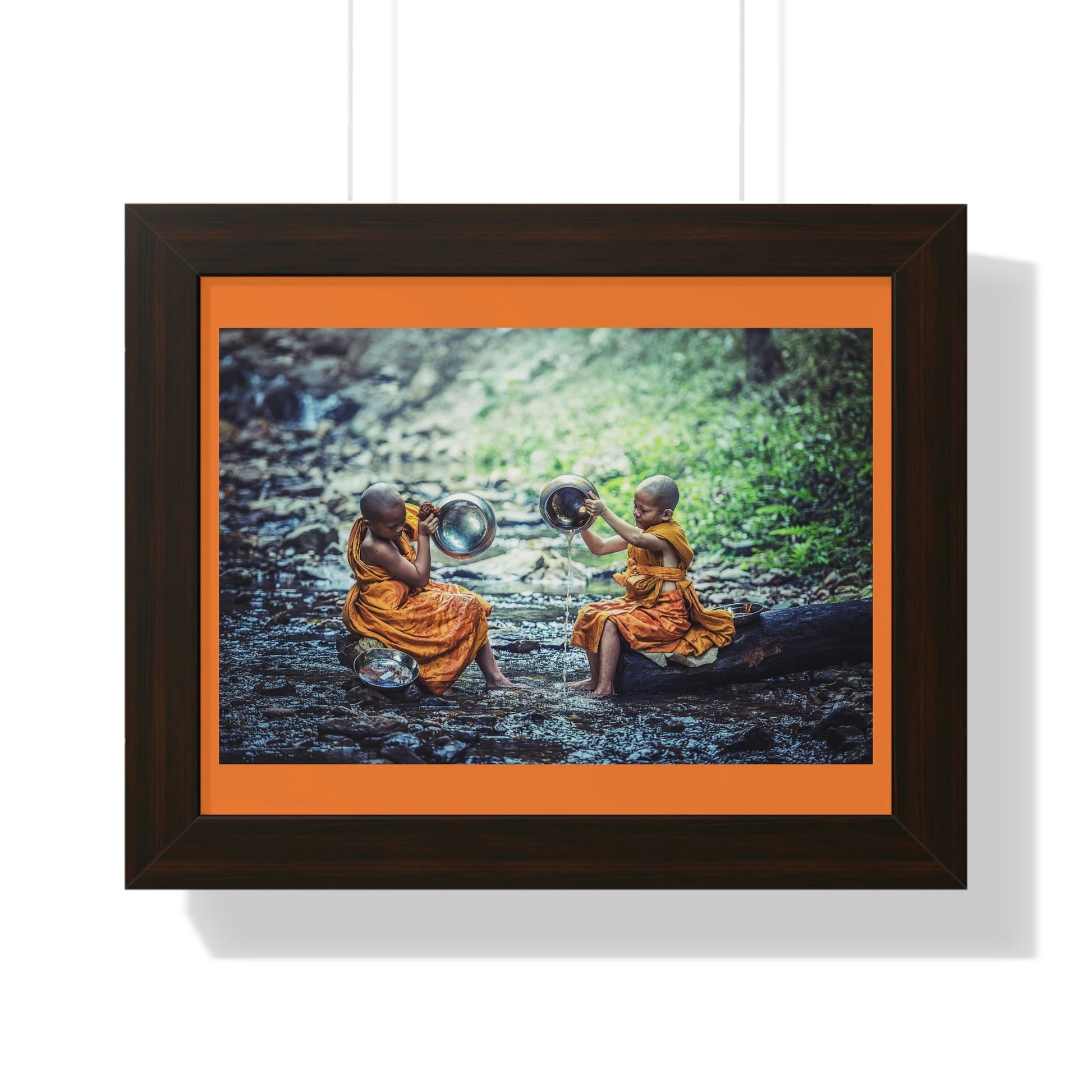 Buddhism -Framed Horizontal Poster - Children Buddhist monks Clean their Food Vessel - Thailand - Print in USA - Green Forest Home