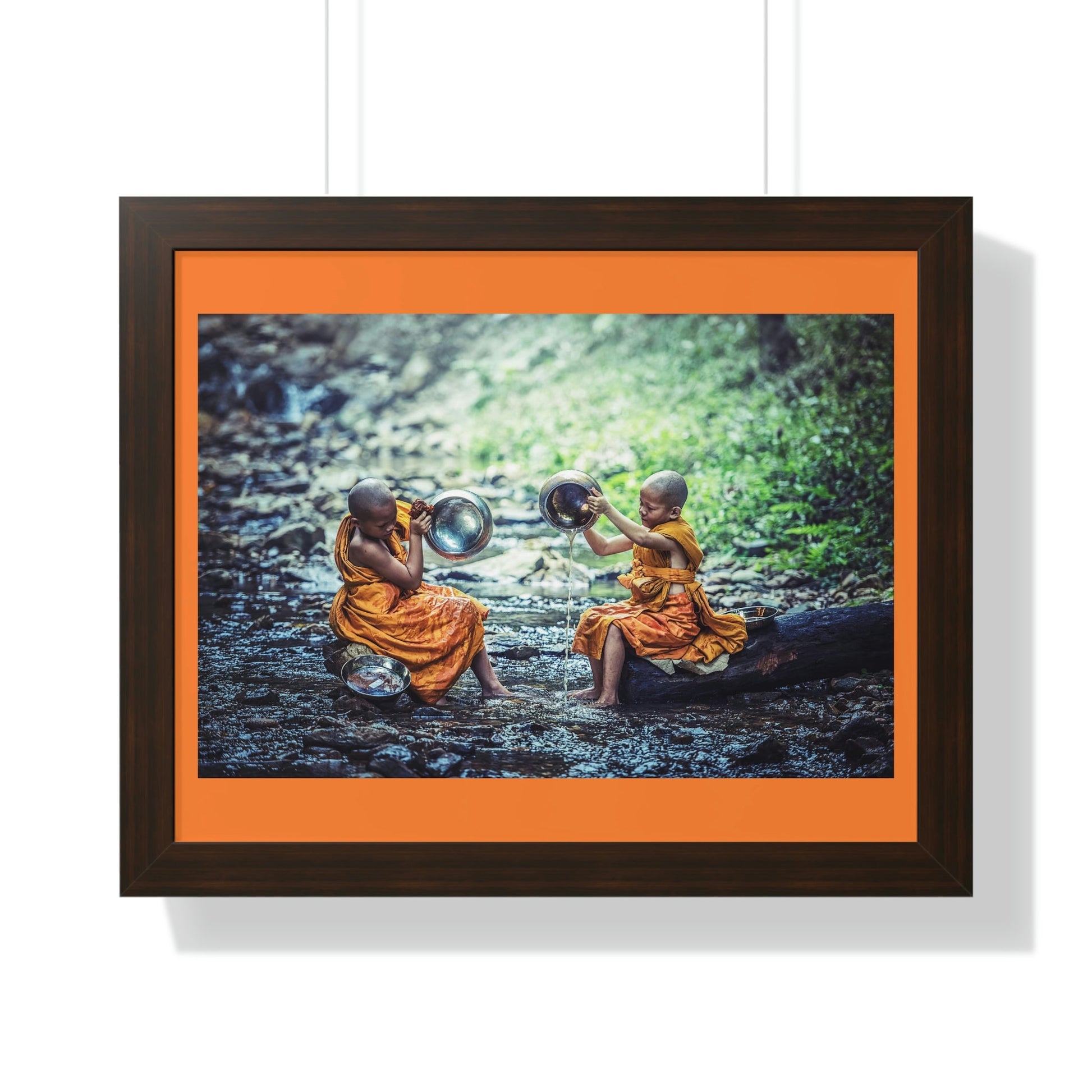 Buddhism -Framed Horizontal Poster - Children Buddhist monks Clean their Food Vessel - Thailand - Print in USA - Green Forest Home