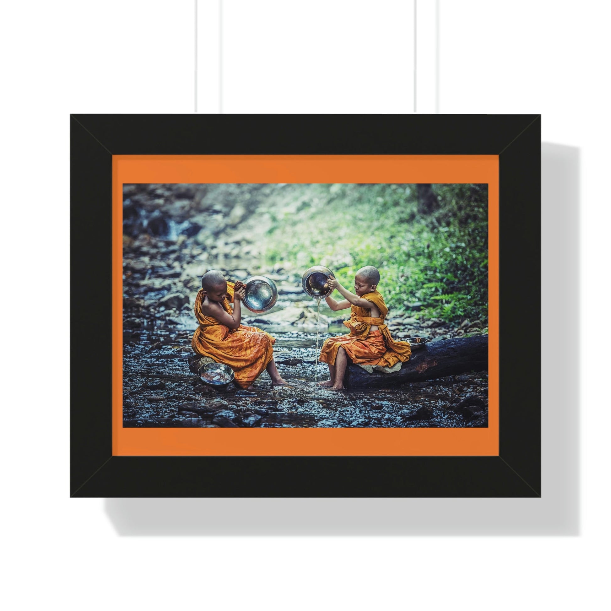 Buddhism -Framed Horizontal Poster - Children Buddhist monks Clean their Food Vessel - Thailand - Print in USA - Green Forest Home