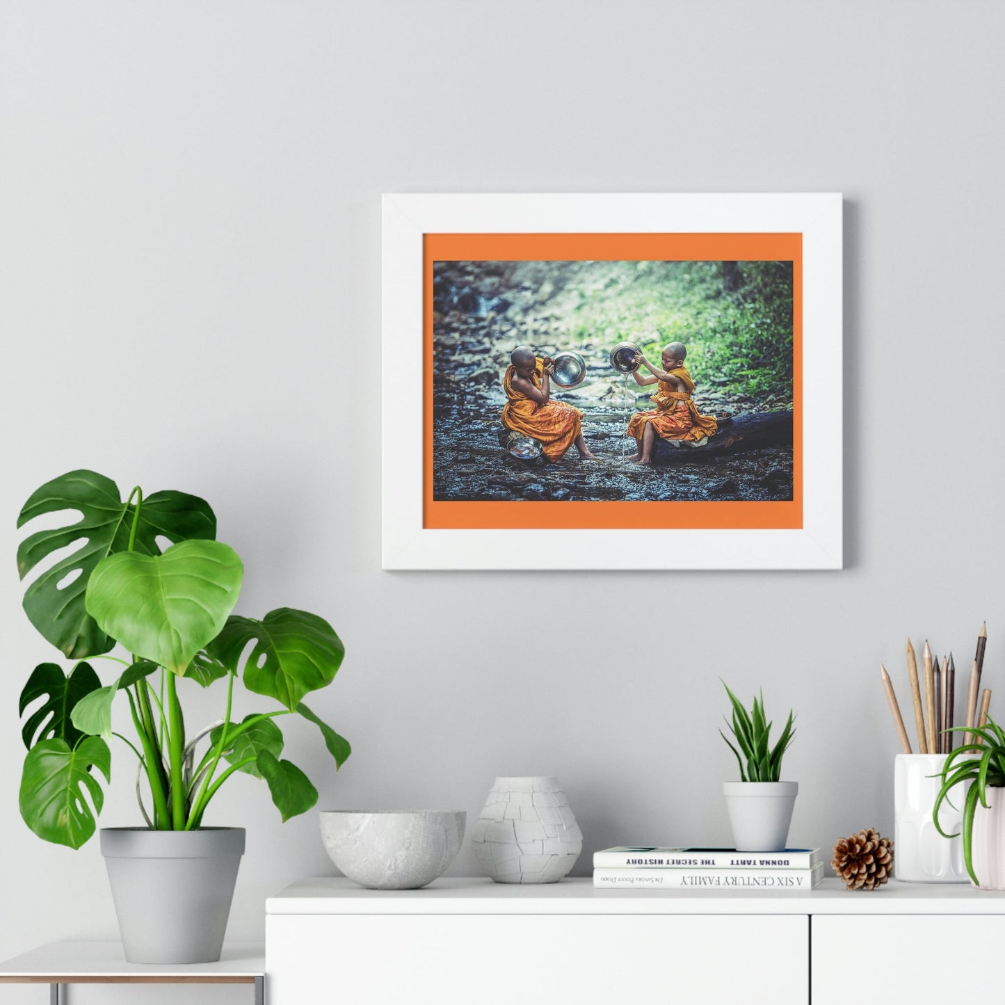 Buddhism -Framed Horizontal Poster - Children Buddhist monks Clean their Food Vessel - Thailand - Print in USA - Green Forest Home