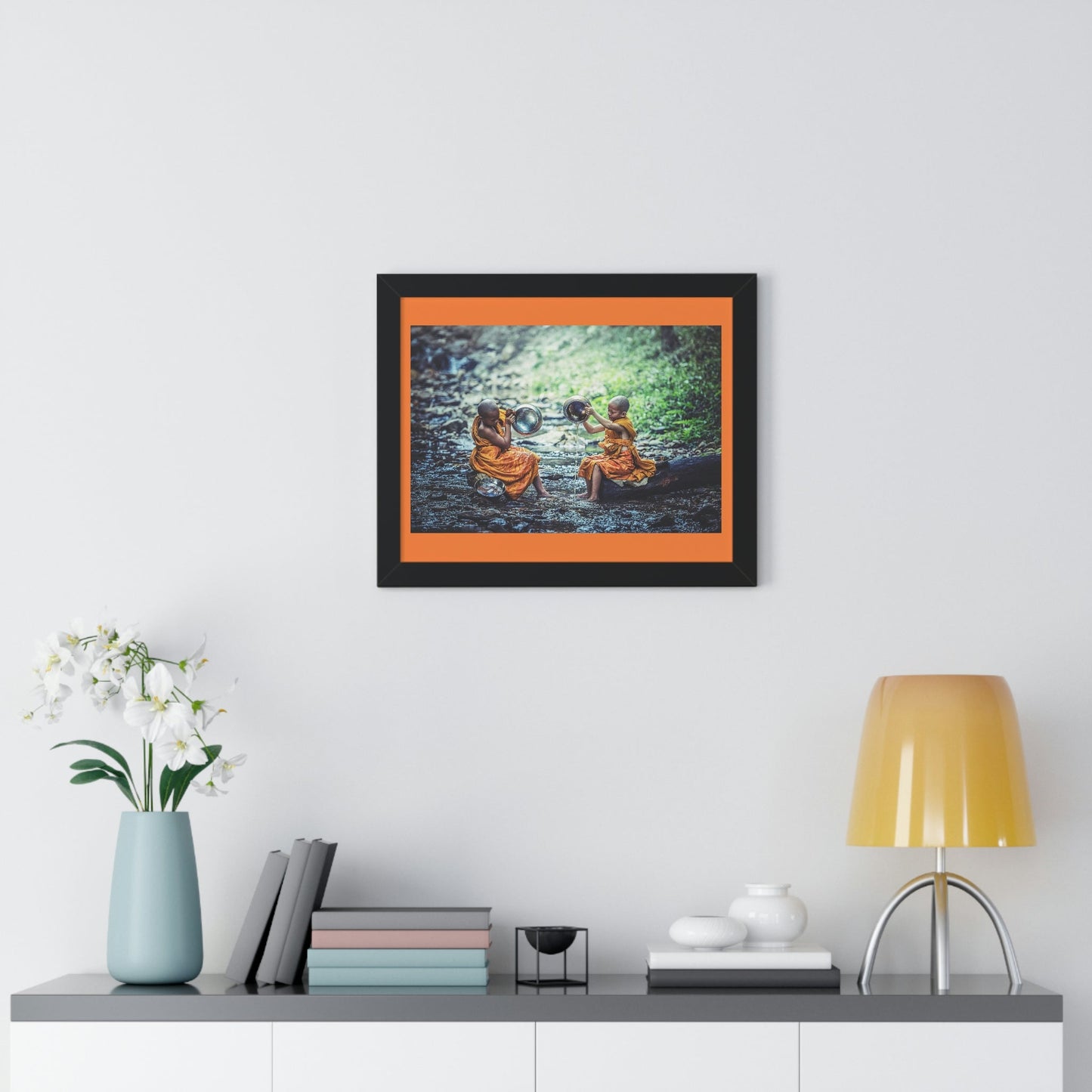 Buddhism -Framed Horizontal Poster - Children Buddhist monks Clean their Food Vessel - Thailand - Print in USA - Green Forest Home