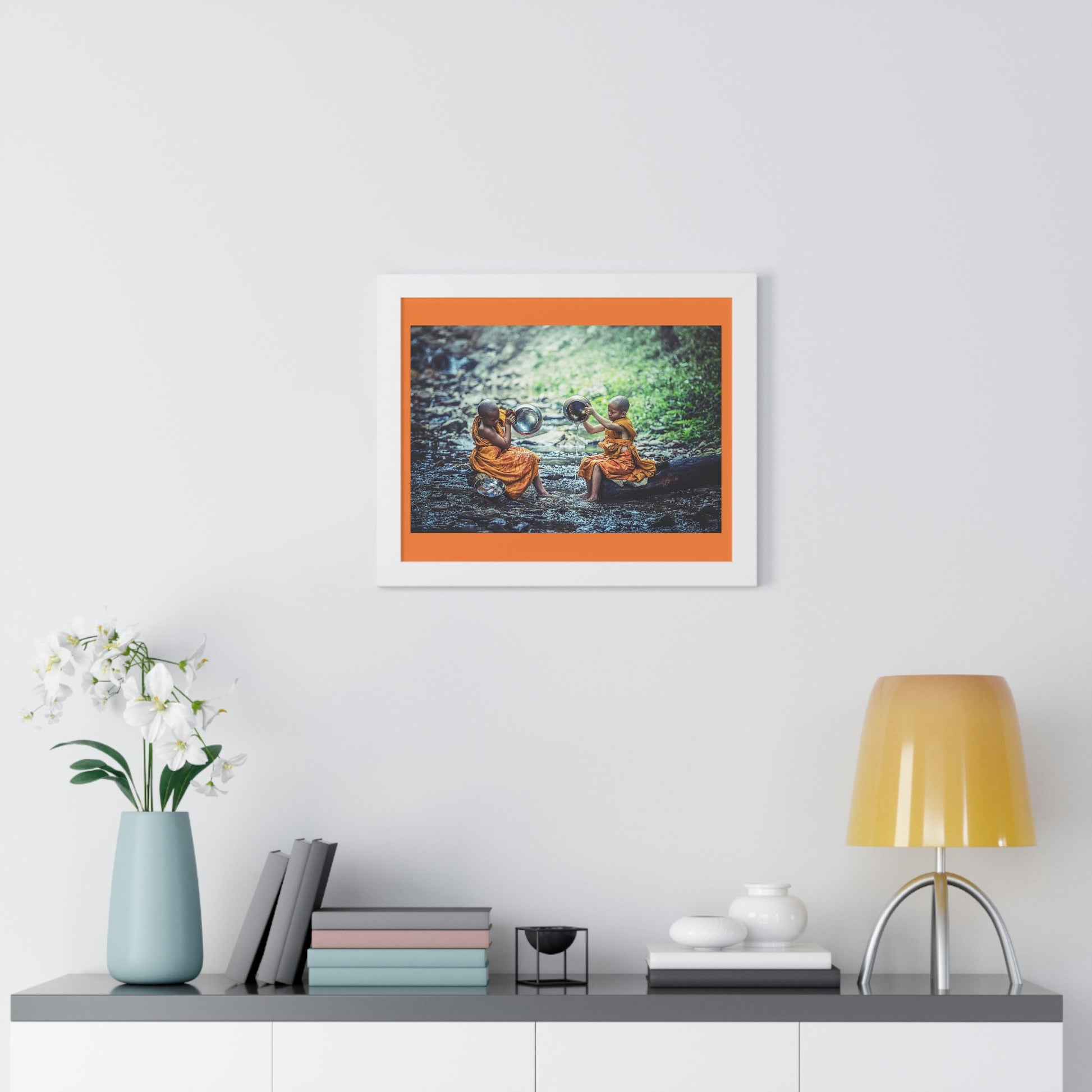 Buddhism -Framed Horizontal Poster - Children Buddhist monks Clean their Food Vessel - Thailand - Print in USA - Green Forest Home