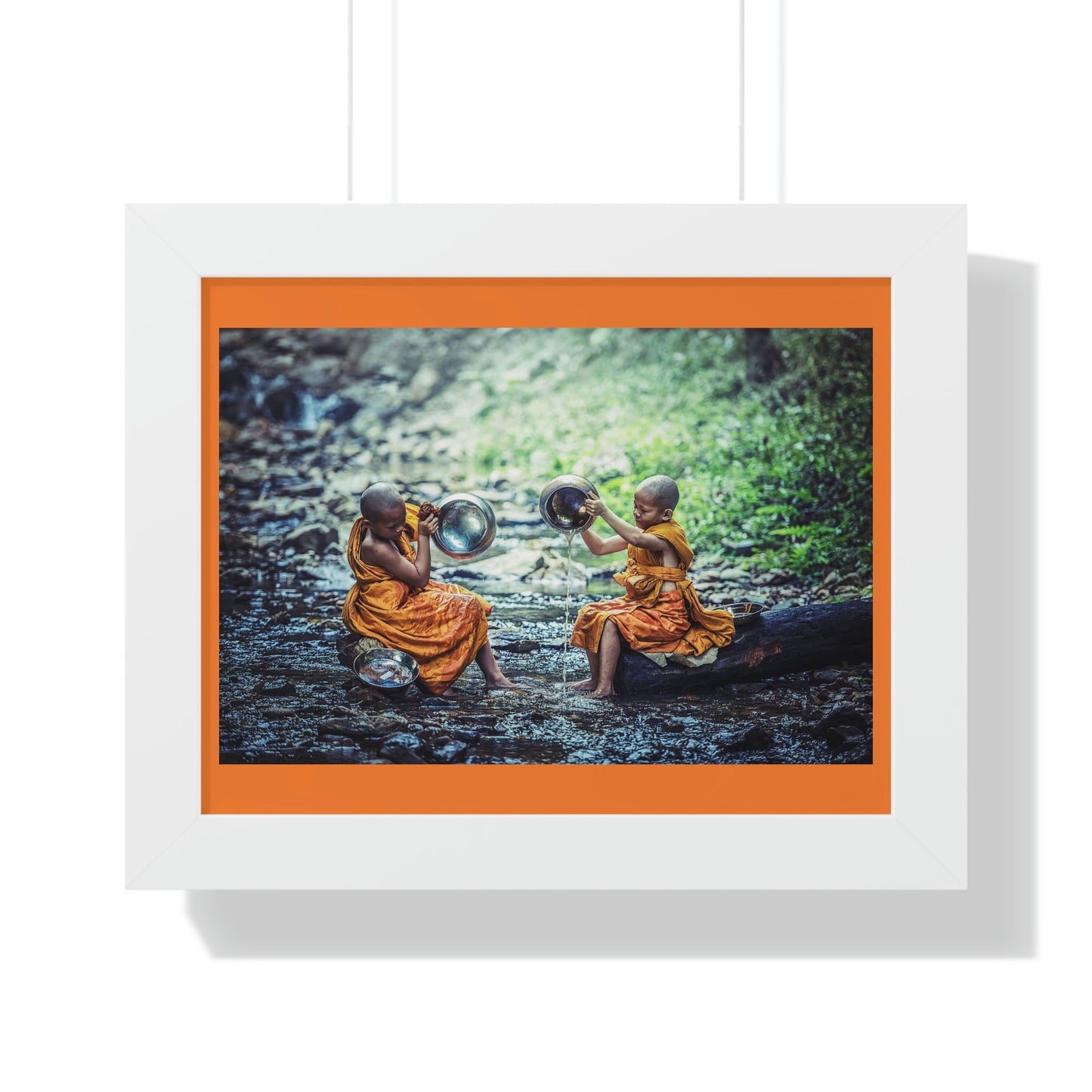 Buddhism -Framed Horizontal Poster - Children Buddhist monks Clean their Food Vessel - Thailand - Print in USA - Green Forest Home