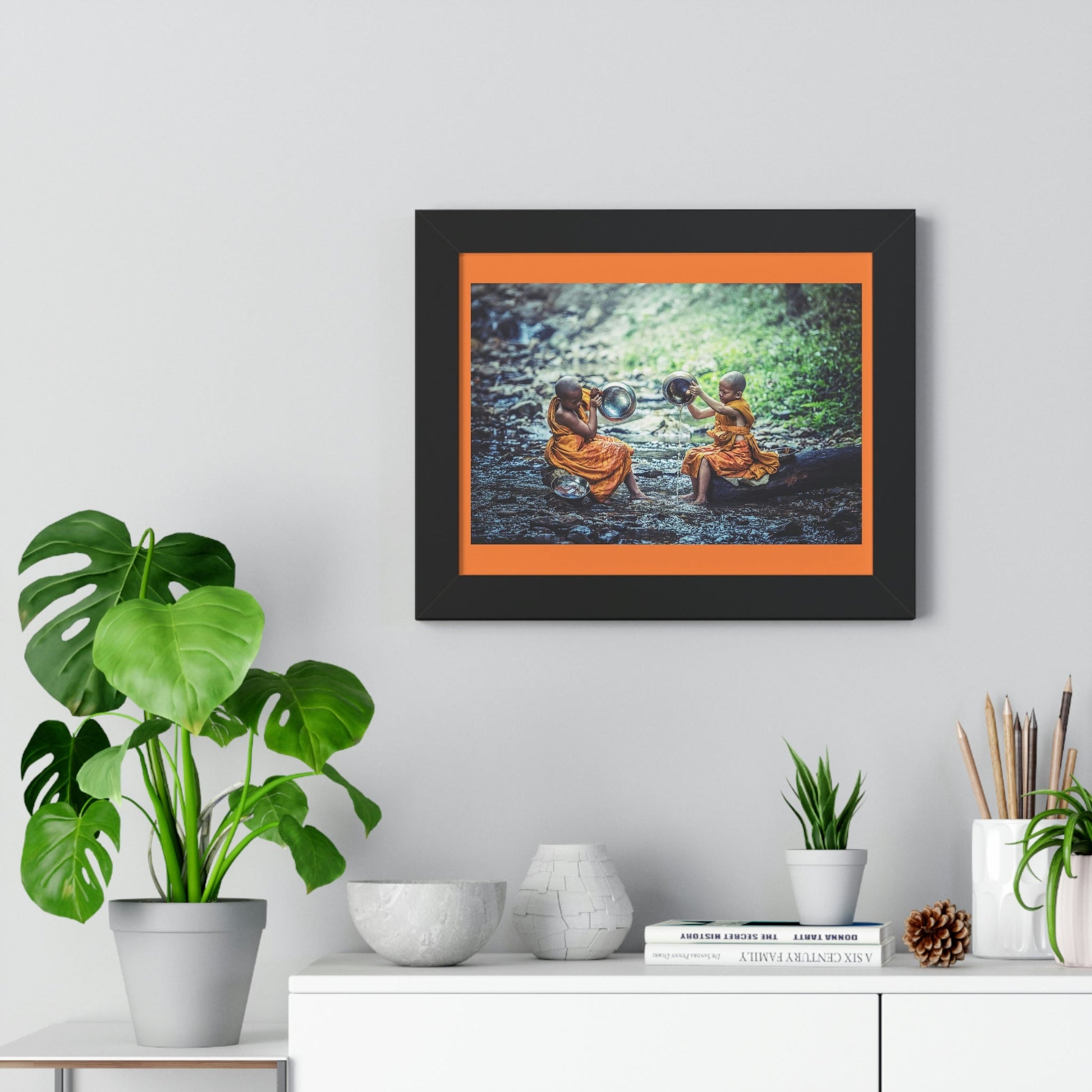 Buddhism -Framed Horizontal Poster - Children Buddhist monks Clean their Food Vessel - Thailand - Print in USA - Green Forest Home