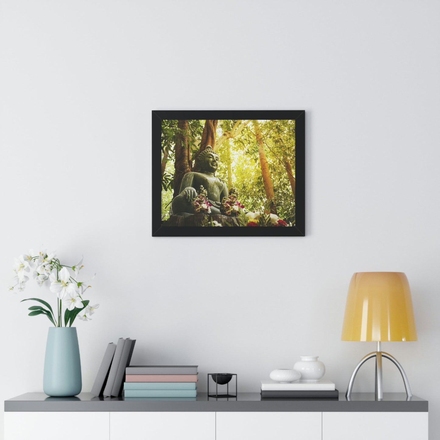 Buddhism -Framed Horizontal Poster - Green Jade Buddha statue in forest - Print in USA - Green Forest Home