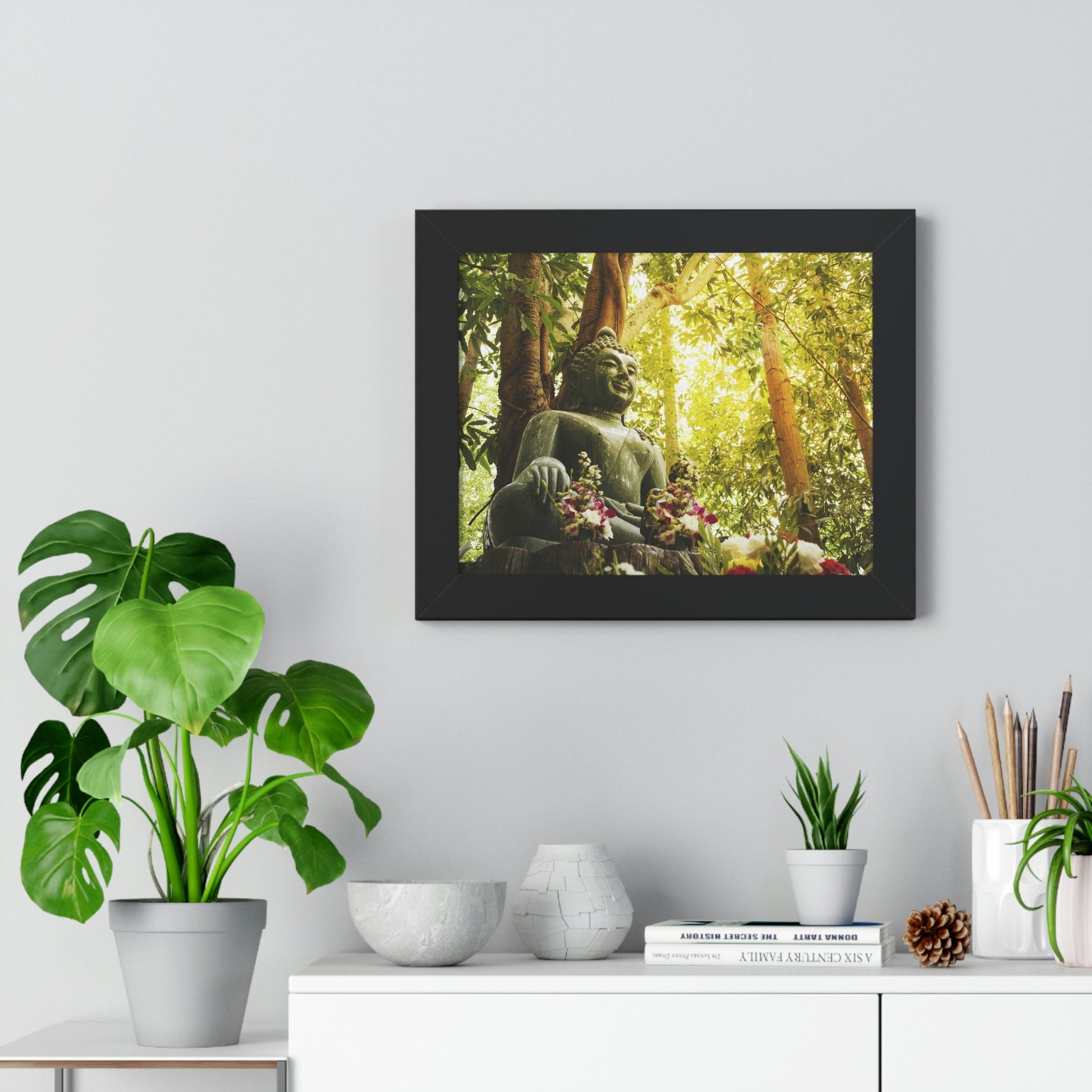 Buddhism -Framed Horizontal Poster - Green Jade Buddha statue in forest - Print in USA - Green Forest Home