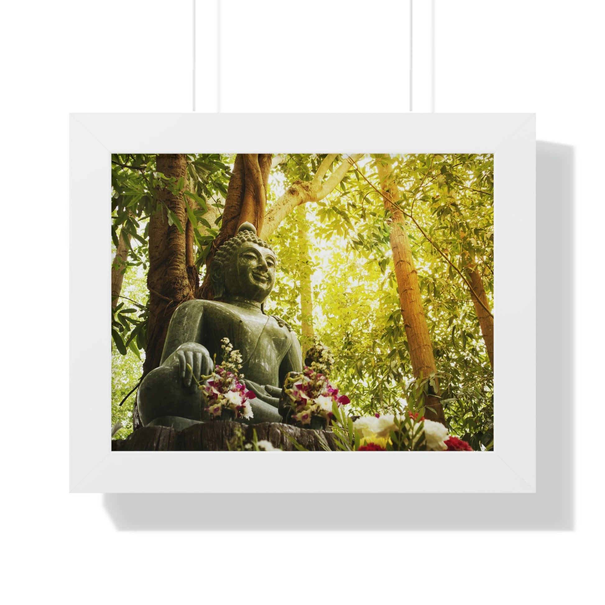 Buddhism -Framed Horizontal Poster - Green Jade Buddha statue in forest - Print in USA - Green Forest Home