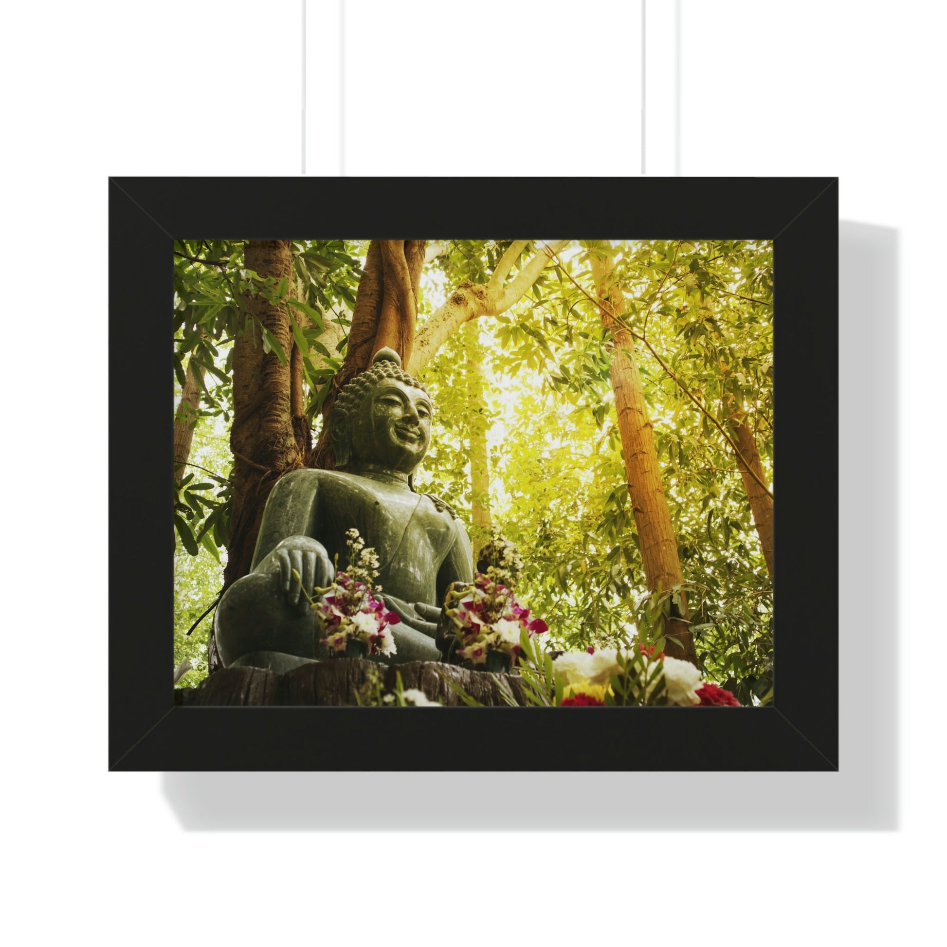 Buddhism -Framed Horizontal Poster - Green Jade Buddha statue in forest - Print in USA - Green Forest Home