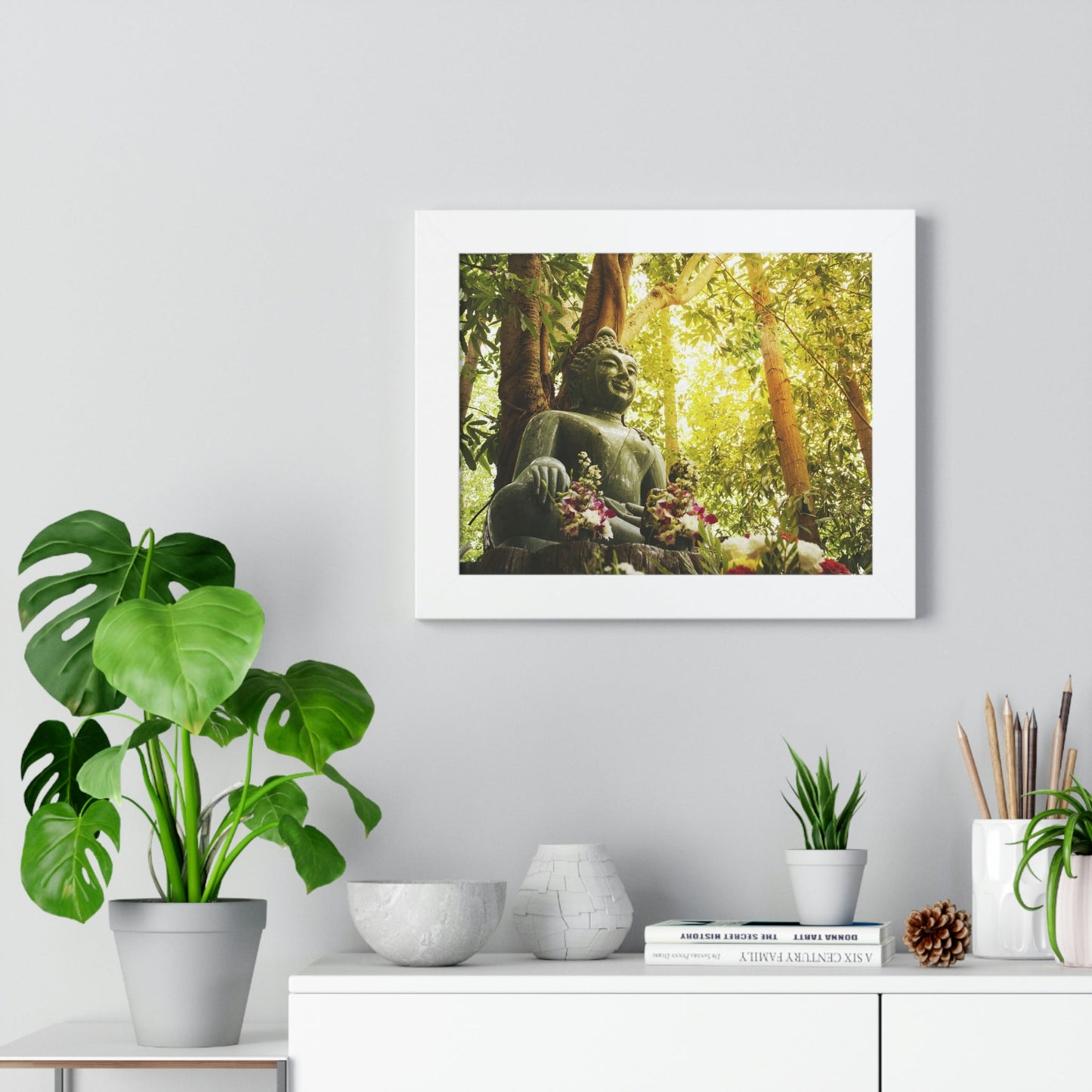 Buddhism -Framed Horizontal Poster - Green Jade Buddha statue in forest - Print in USA - Green Forest Home