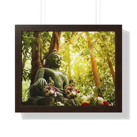 Buddhism -Framed Horizontal Poster - Green Jade Buddha statue in forest - Print in USA - Green Forest Home