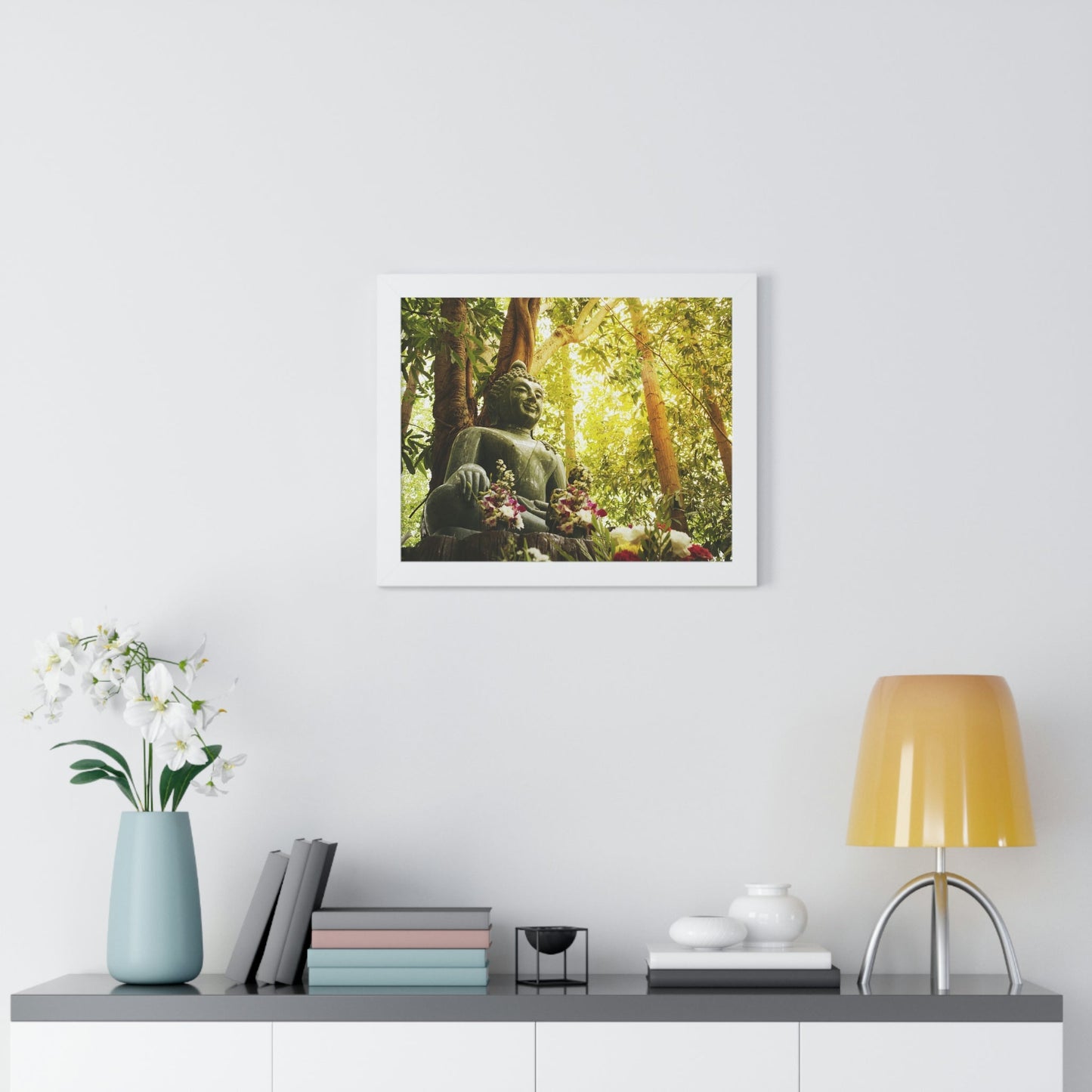 Buddhism -Framed Horizontal Poster - Green Jade Buddha statue in forest - Print in USA - Green Forest Home