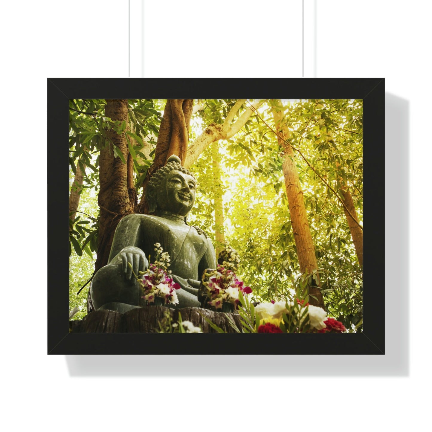 Buddhism -Framed Horizontal Poster - Green Jade Buddha statue in forest - Print in USA - Green Forest Home