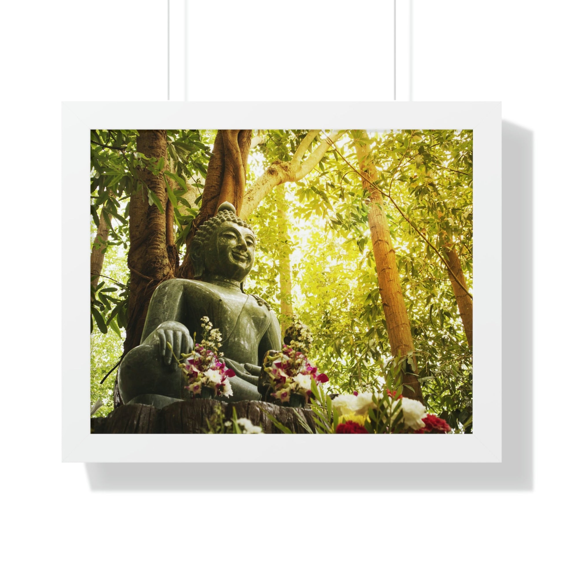 Buddhism -Framed Horizontal Poster - Green Jade Buddha statue in forest - Print in USA - Green Forest Home