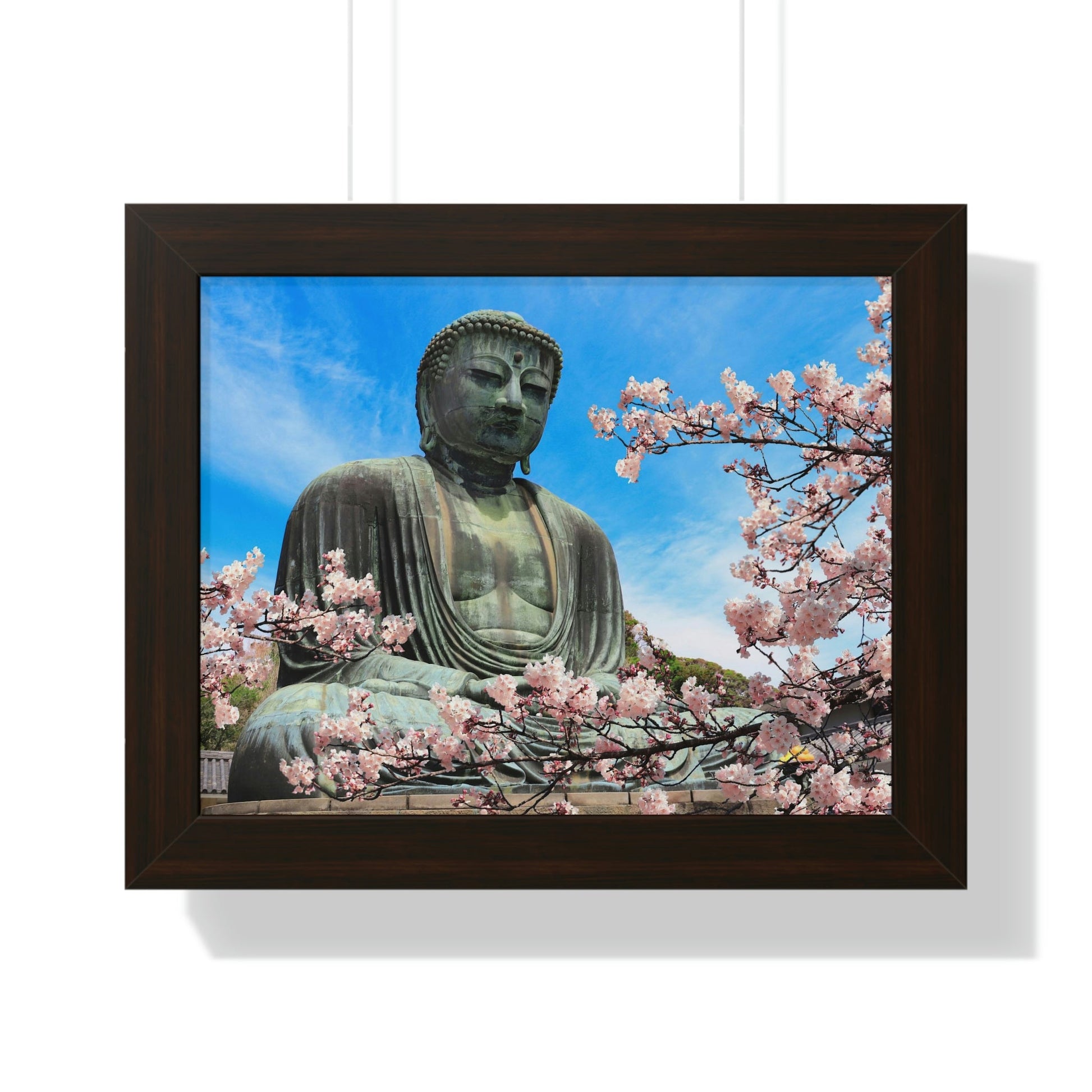 Buddhism -Framed Horizontal Poster - The Great Buddha and sakura flowers, Kotoku-in temple, Japan - Print in USA - Green Forest Home