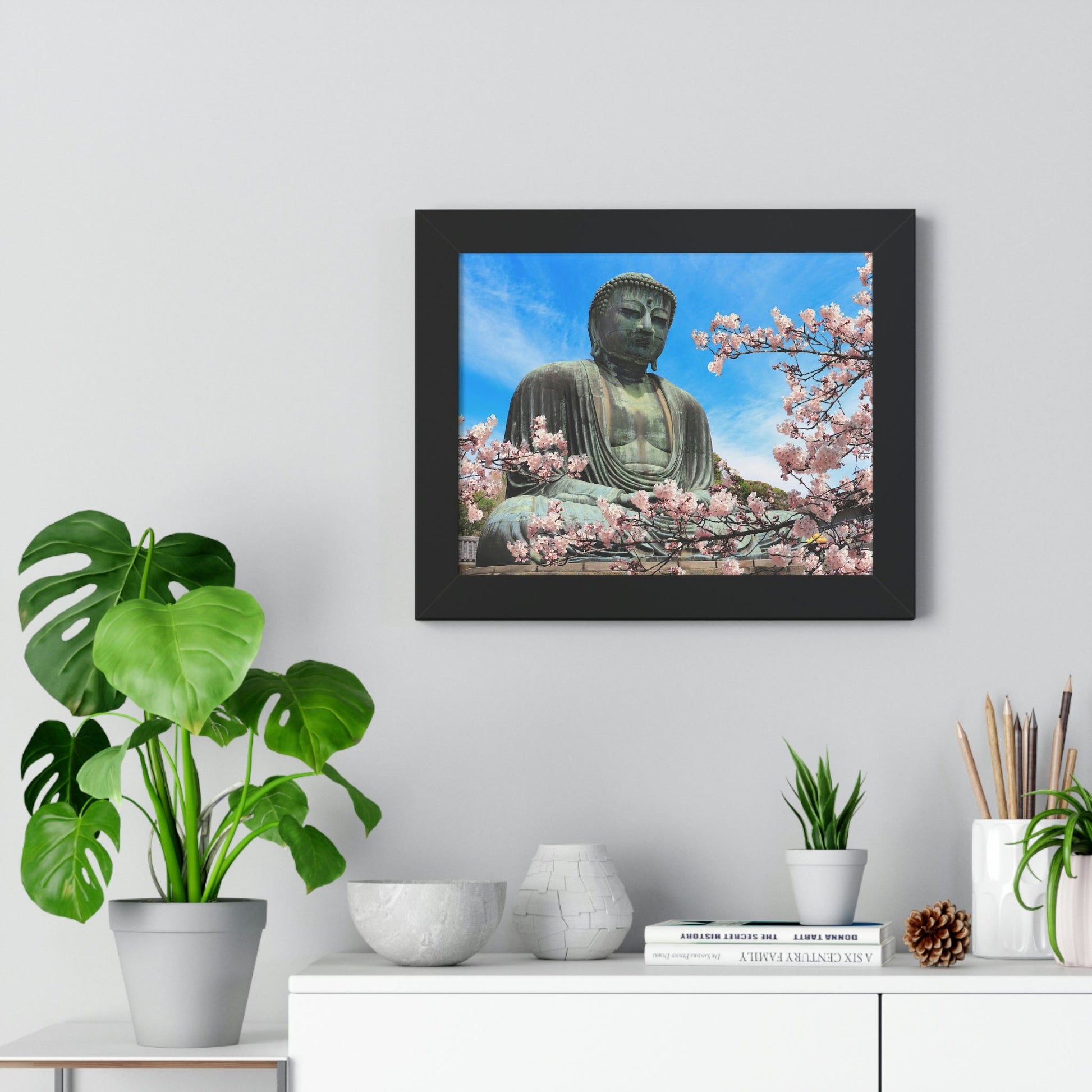 Buddhism -Framed Horizontal Poster - The Great Buddha and sakura flowers, Kotoku-in temple, Japan - Print in USA - Green Forest Home