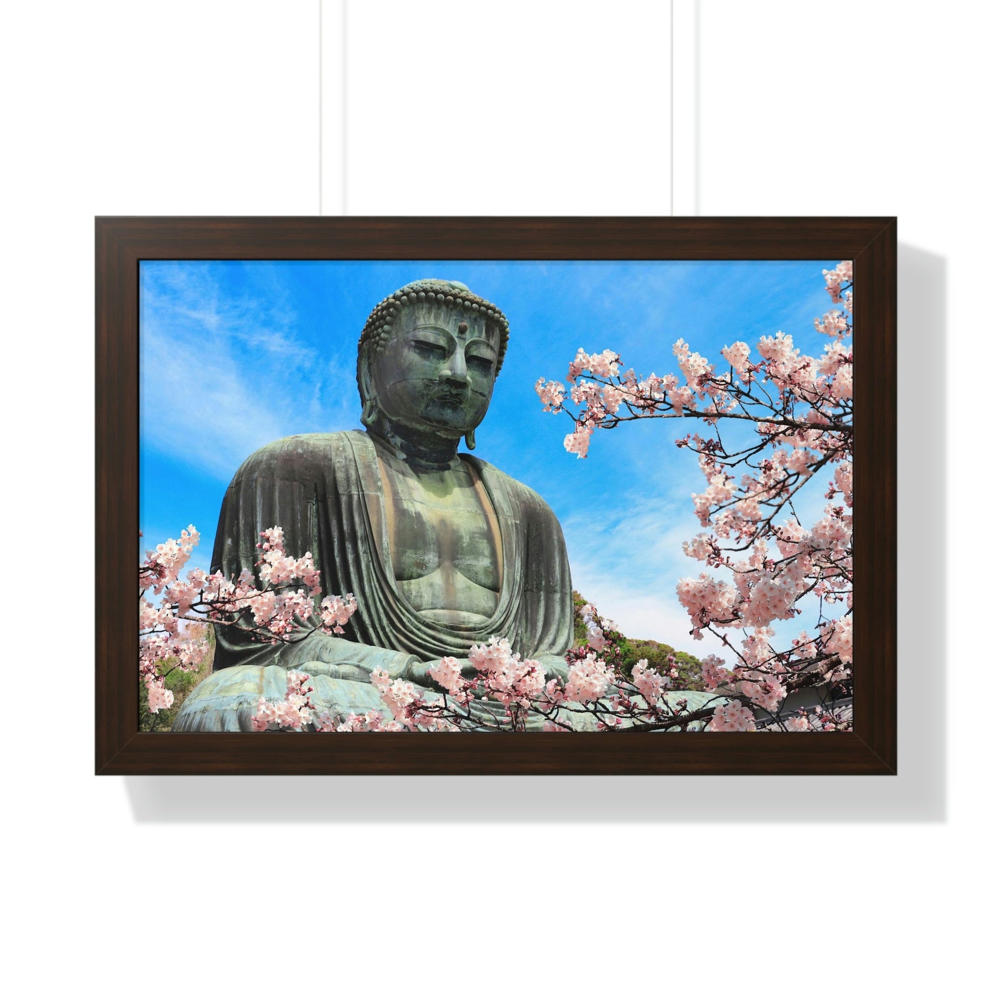 Buddhism -Framed Horizontal Poster - The Great Buddha and sakura flowers, Kotoku-in temple, Japan - Print in USA - Green Forest Home